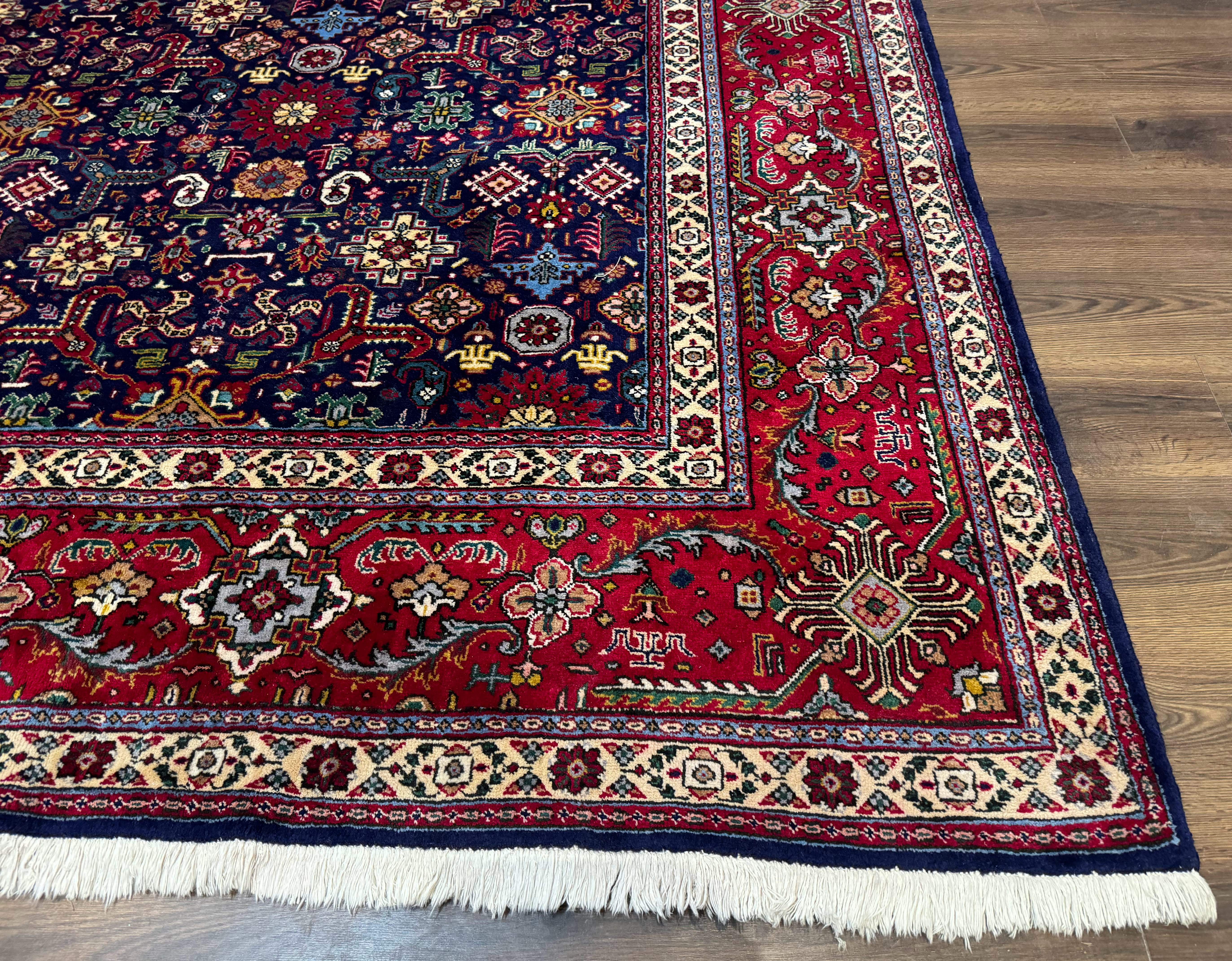 Large Persian Tabriz Rug 10x16, Navy Blue and Red, Allover Pattern, Vintage Hand Knotted Wool Carpet - Image 9