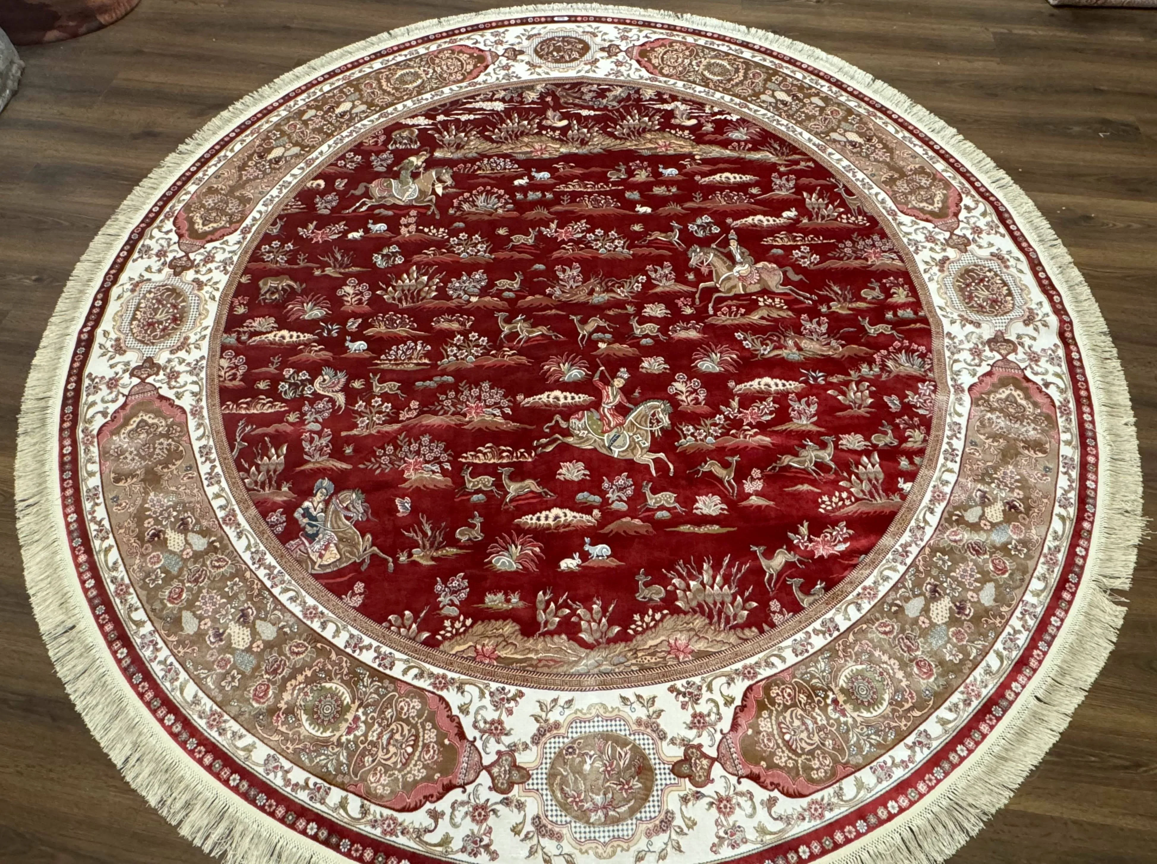 Large Round Turkish Silk Rug 8x8, Hunting Design, Dark Red & Ivory, Bamboo Silk - Image 7