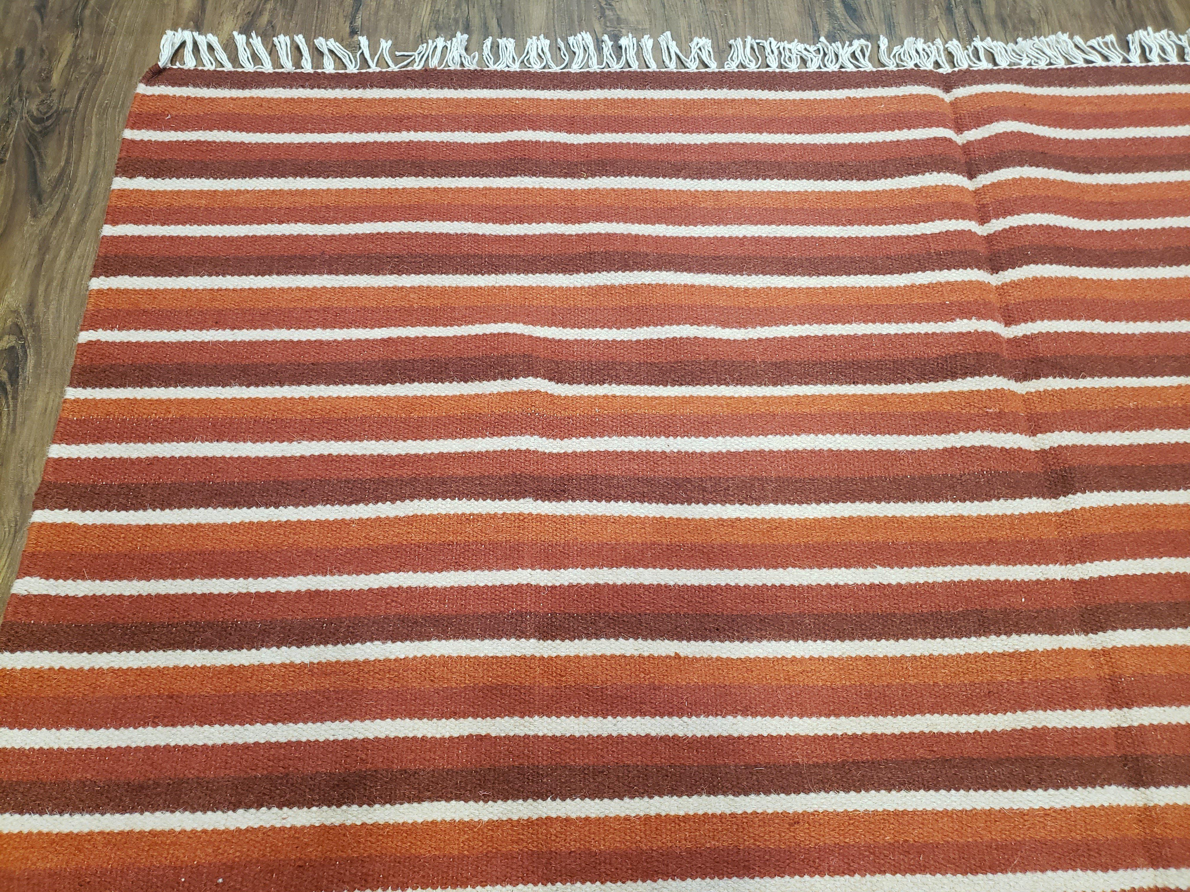 Large Striped Woolen Handmade Throw Blanket, Twin Size Bedding Hand-Woven, Indian Kilim Area Rug, 6x8 - 7x8, South American Style Textile - Image 6