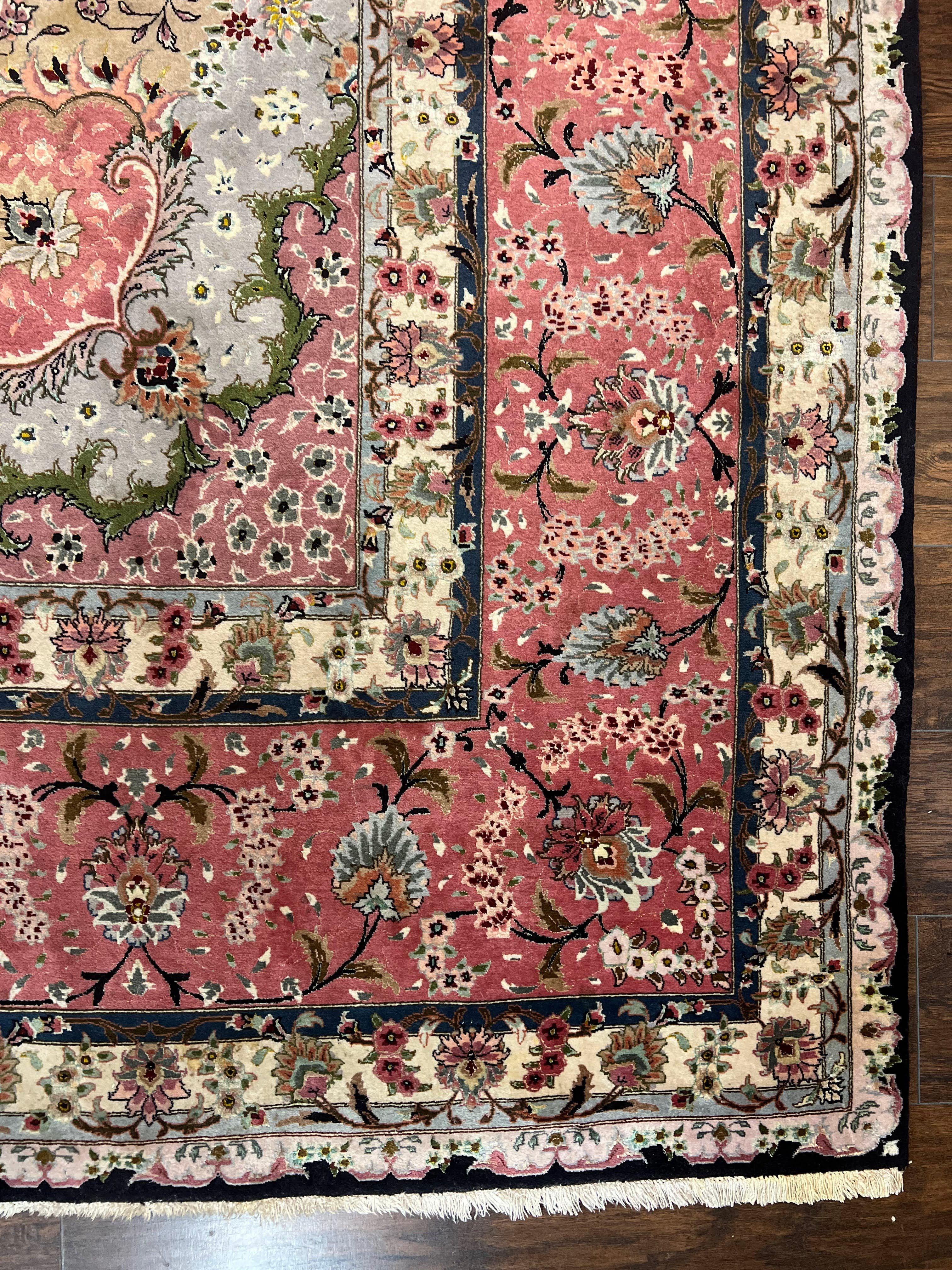 Magnificent Persian Tabriz Rug 11x16, Oversized Persian Carpet 11 x 16 ft, Wool on Silk Finely Hand Knotted, 450 KPSI, Floral Medallion, Black Pink - Image 9