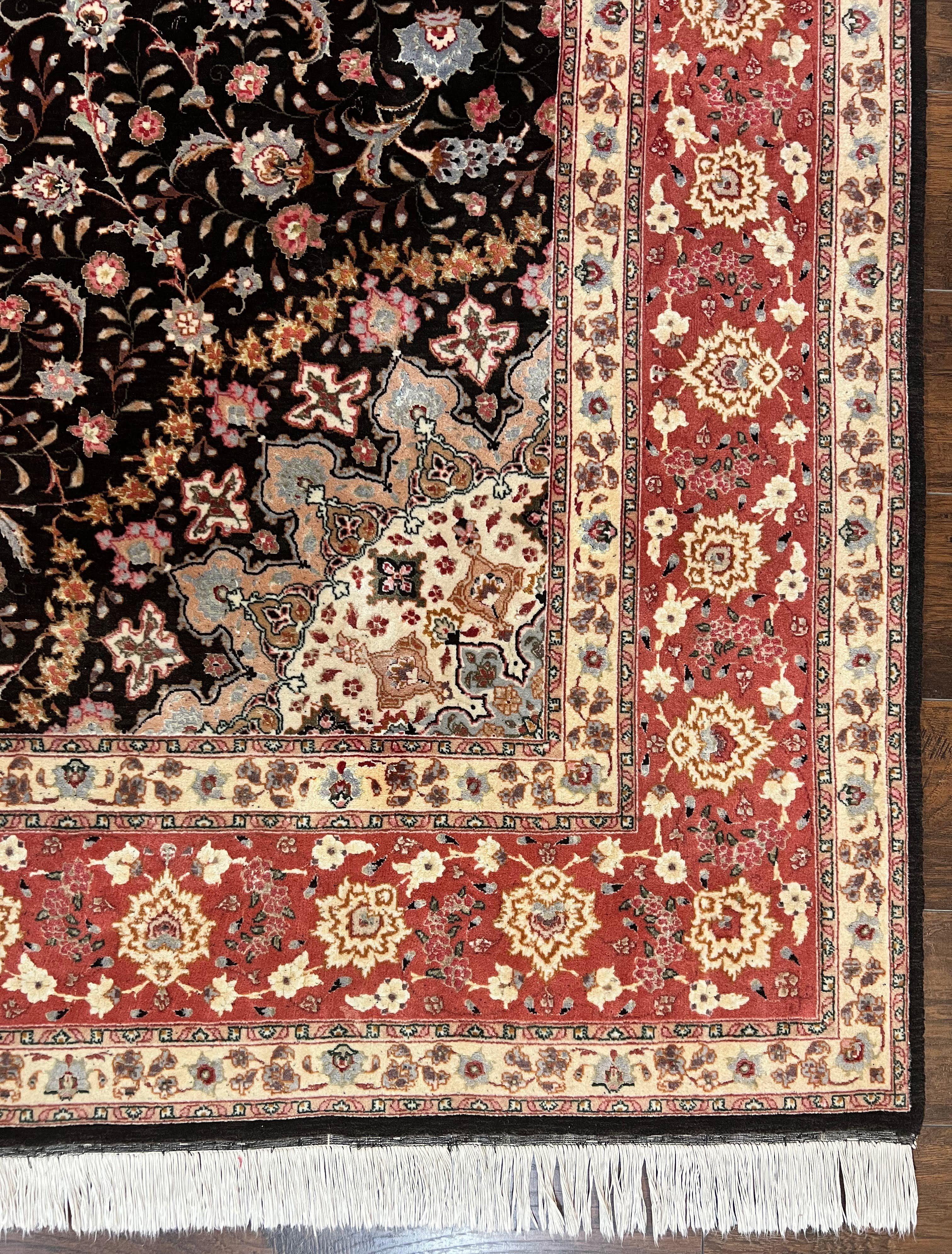 Marvelous Persian Tabriz Rug 7x10 ft, Super Fine 50 Raj, 300+ KPSI, Black and Rust Red, Floral Medallion Handmade Wool Oriental Carpet, Top Quality - Image 8