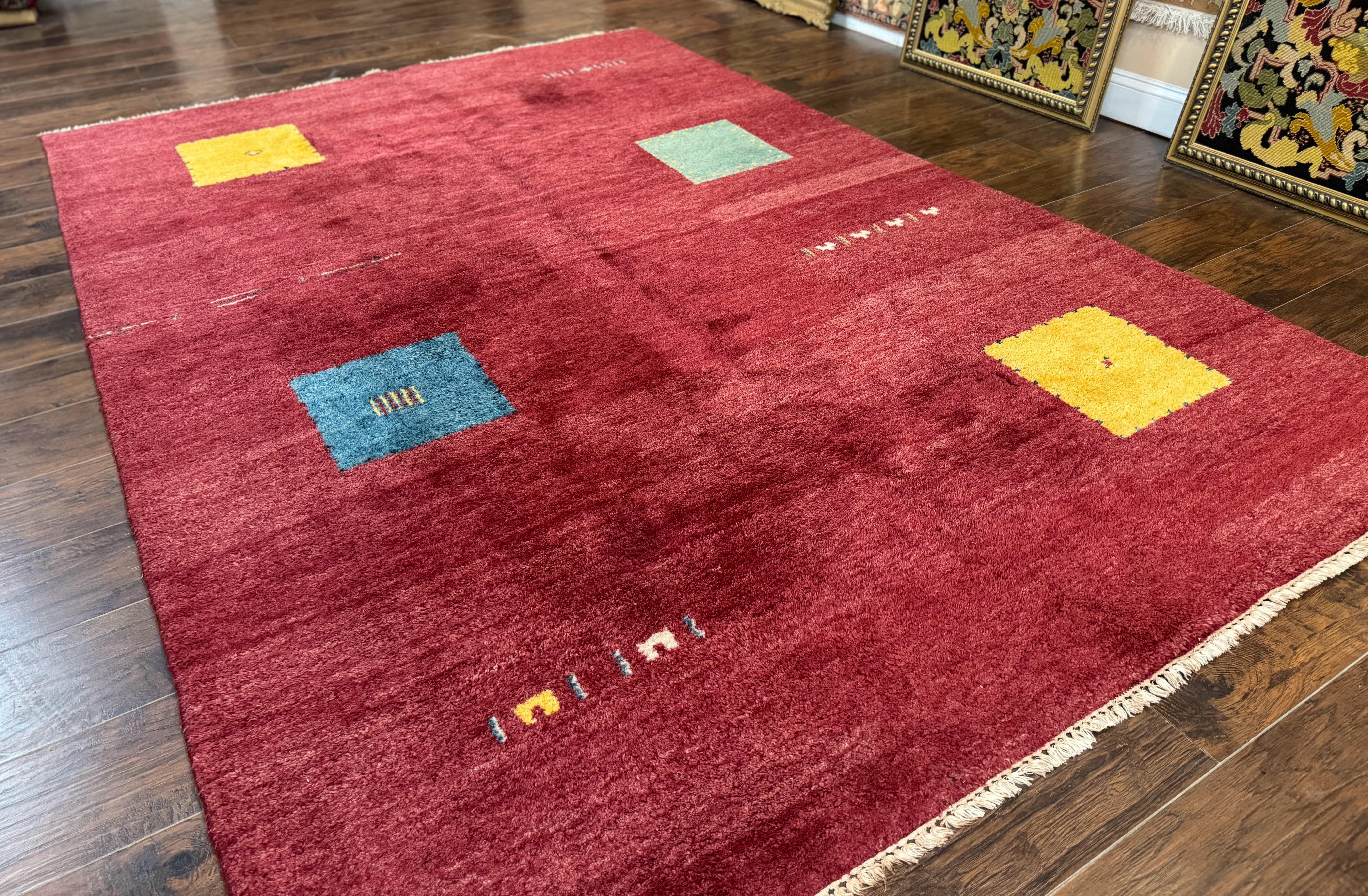 Modern Indo Persian Gabbeh Rug 7x10, Red, Tribal Area Rug - Image 12