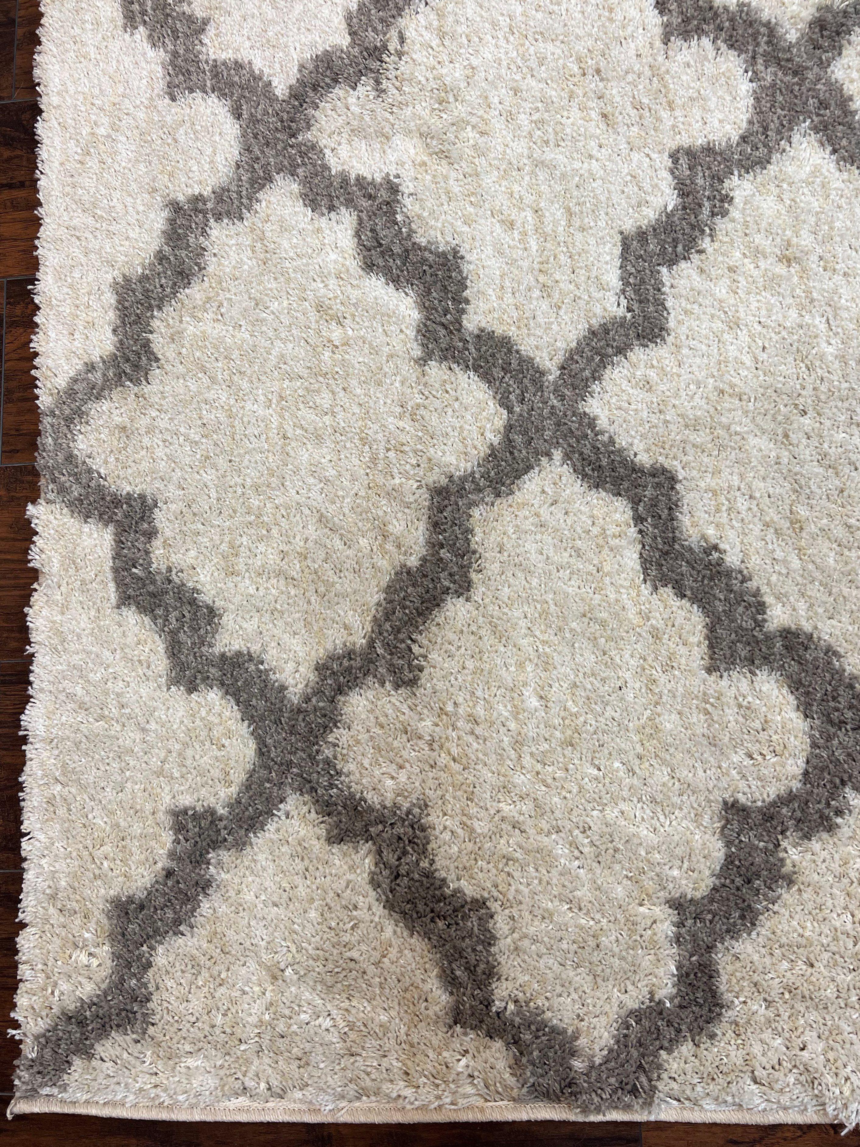 Modern Shag Rug, Ivory and Gray, Diamond Panel Design, Room Sized Area Rug - Image 7