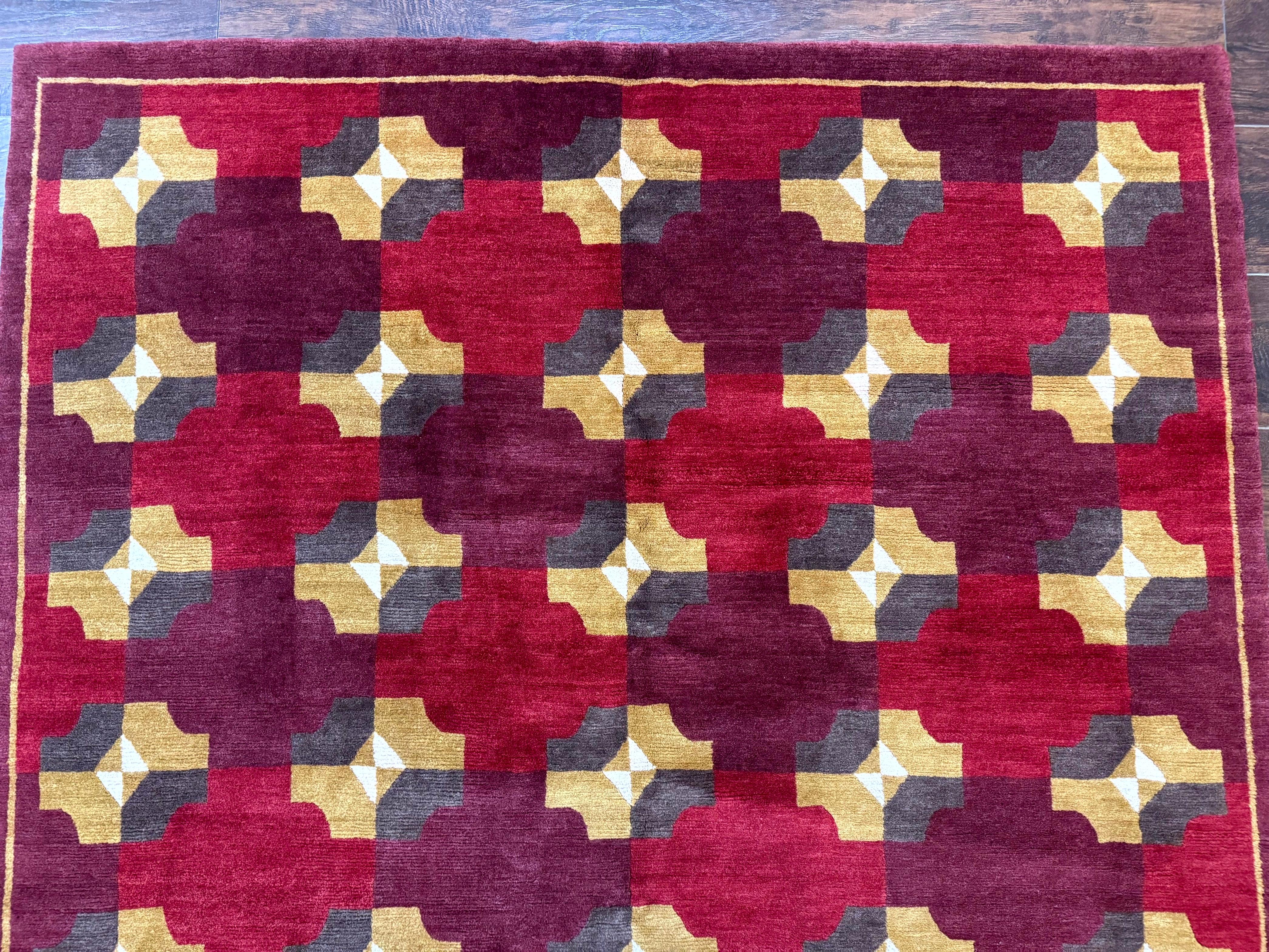 Modern Tibetan Rug 5 x 6.8, Wool, Red, Allover Pattern, Nepali Rug, Abstract Rug, Handmade Area Rug - Image 3