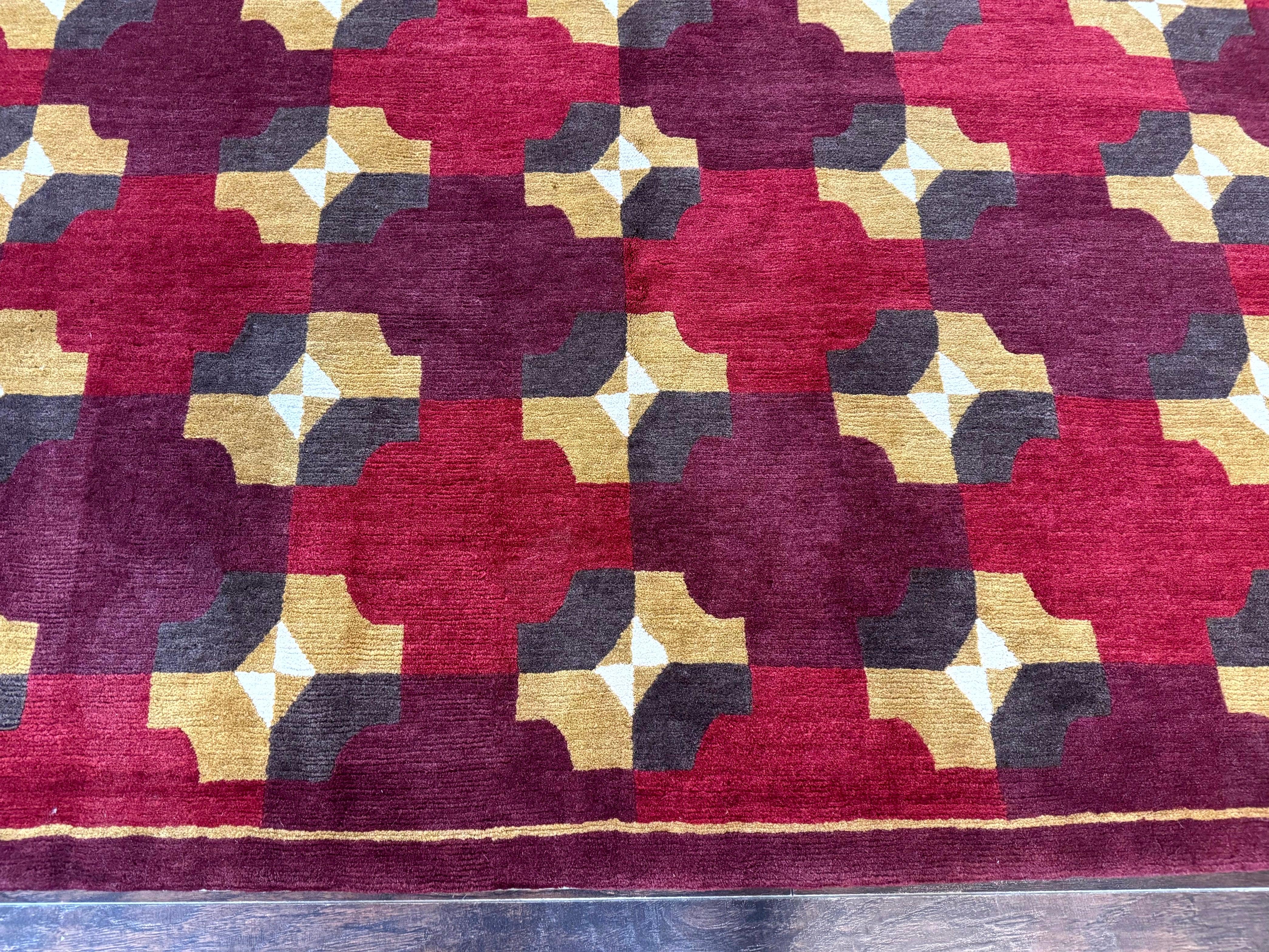 Modern Tibetan Rug 5 x 6.8, Wool, Red, Allover Pattern, Nepali Rug, Abstract Rug, Handmade Area Rug - Image 4