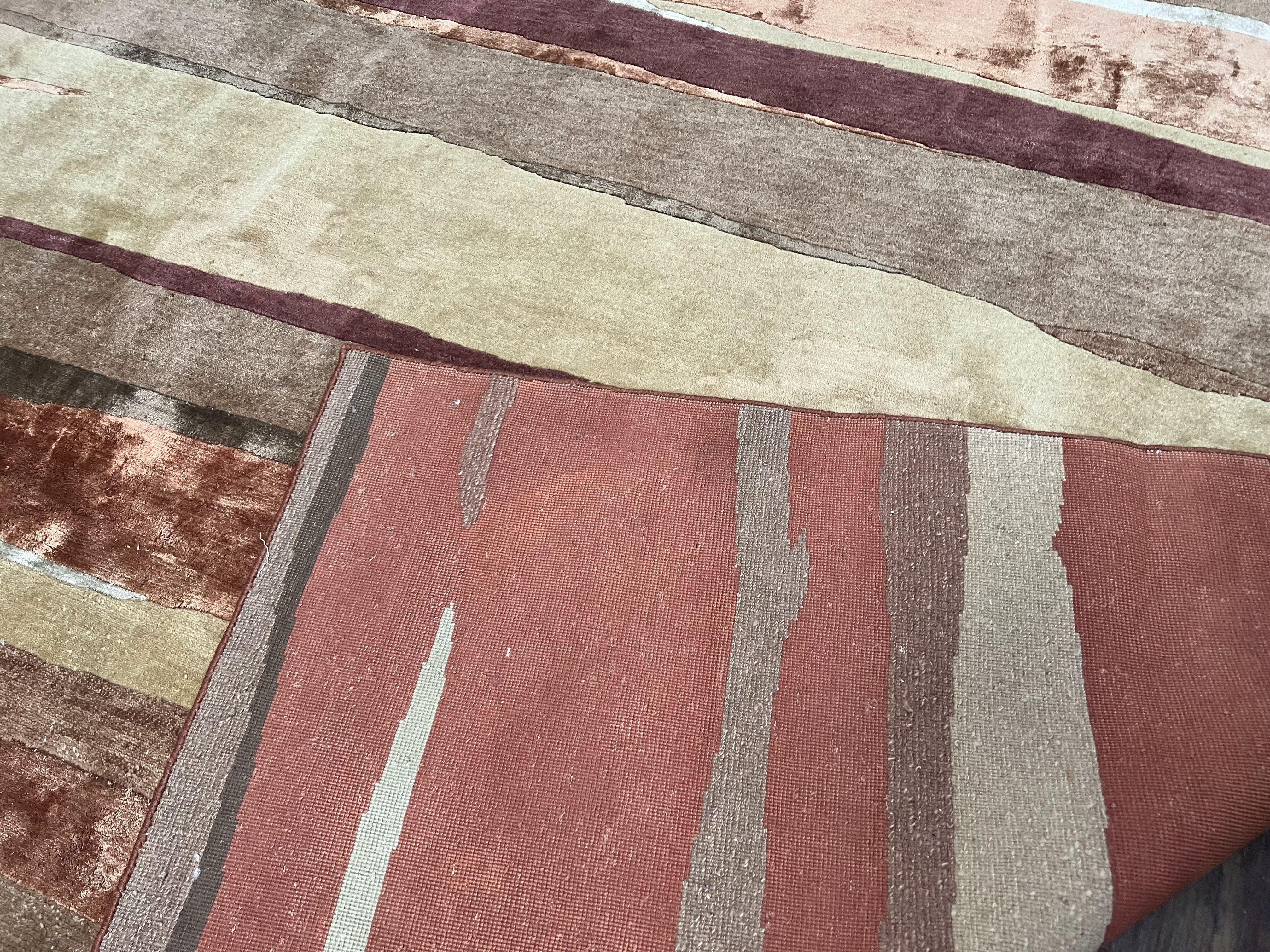 Modern Tibetan Rug 8x11 Nepali Carpet, Shiny Velvely Soft Wool and Silk, Contemporary Hand Knotted Rug, Striped Design, Wool Area Rug 8 x 11 - Image 11