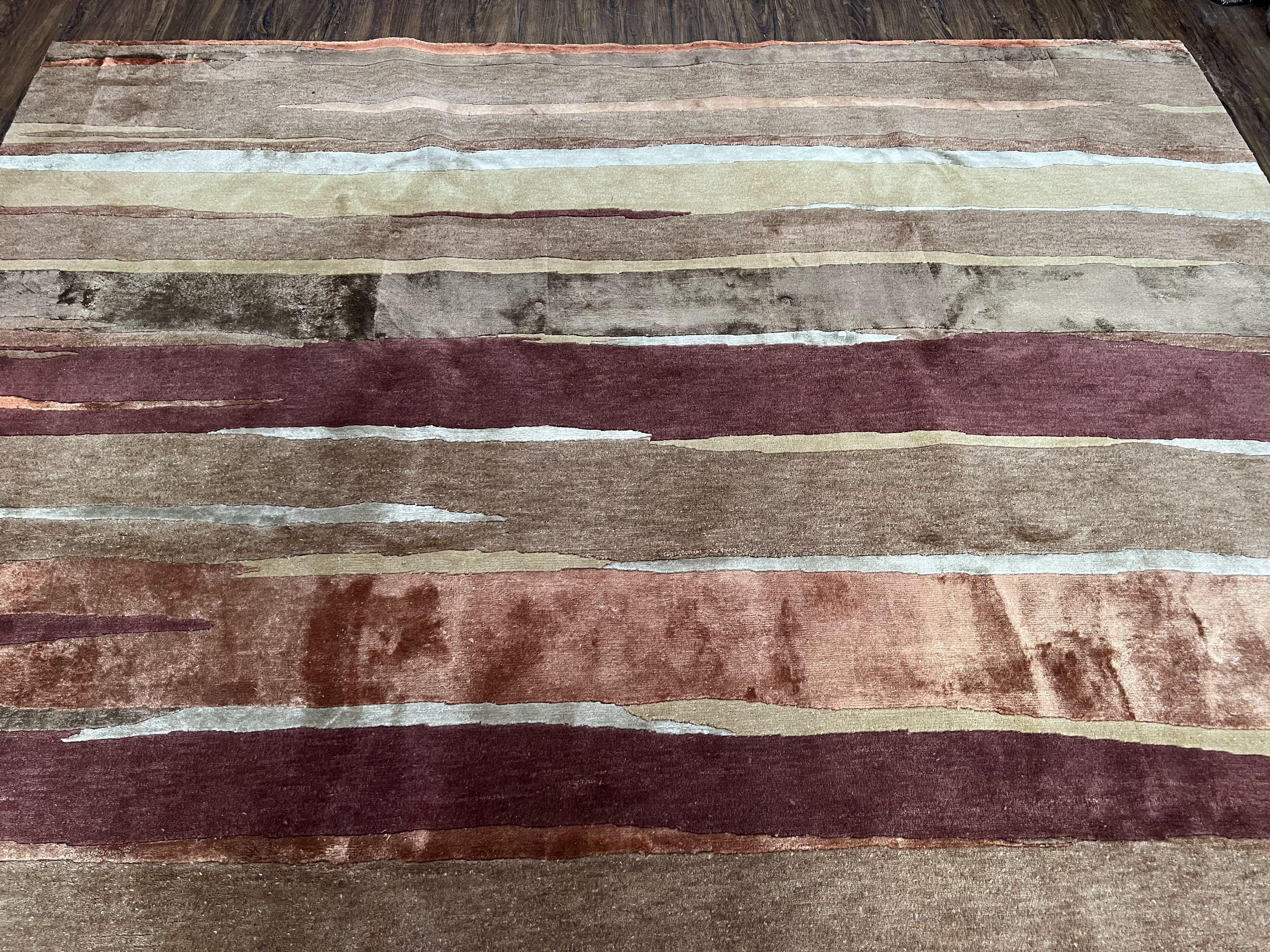 Modern Tibetan Rug 8x11 Nepali Carpet, Shiny Velvely Soft Wool and Silk, Contemporary Hand Knotted Rug, Striped Design, Wool Area Rug 8 x 11 - Image 5