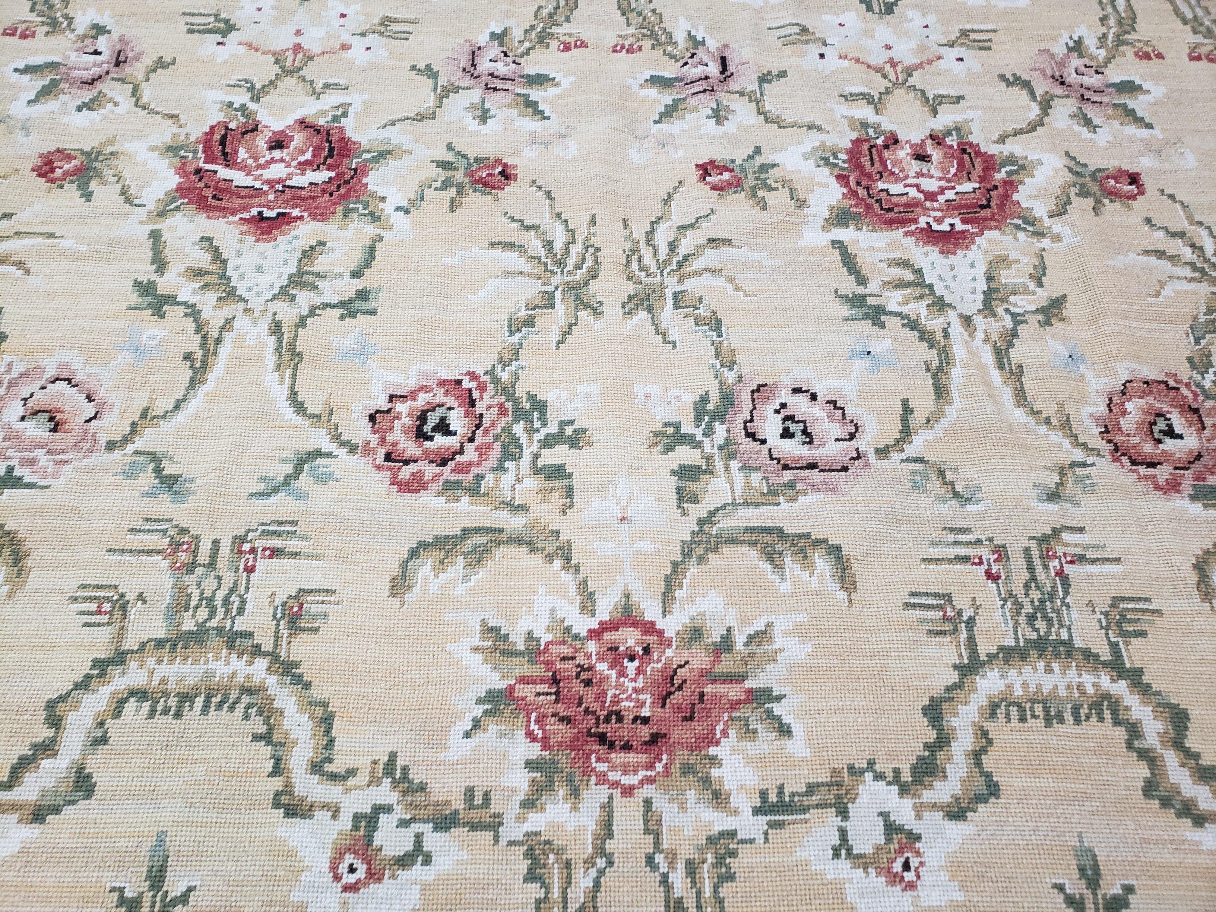 Needlepoint Rug 10x14 Wool Flatweave Carpet, English Floral Pattern, Pale Yellow, Roses, Allover Pattern, Handmade Large Needlepoint Nice - Image 4
