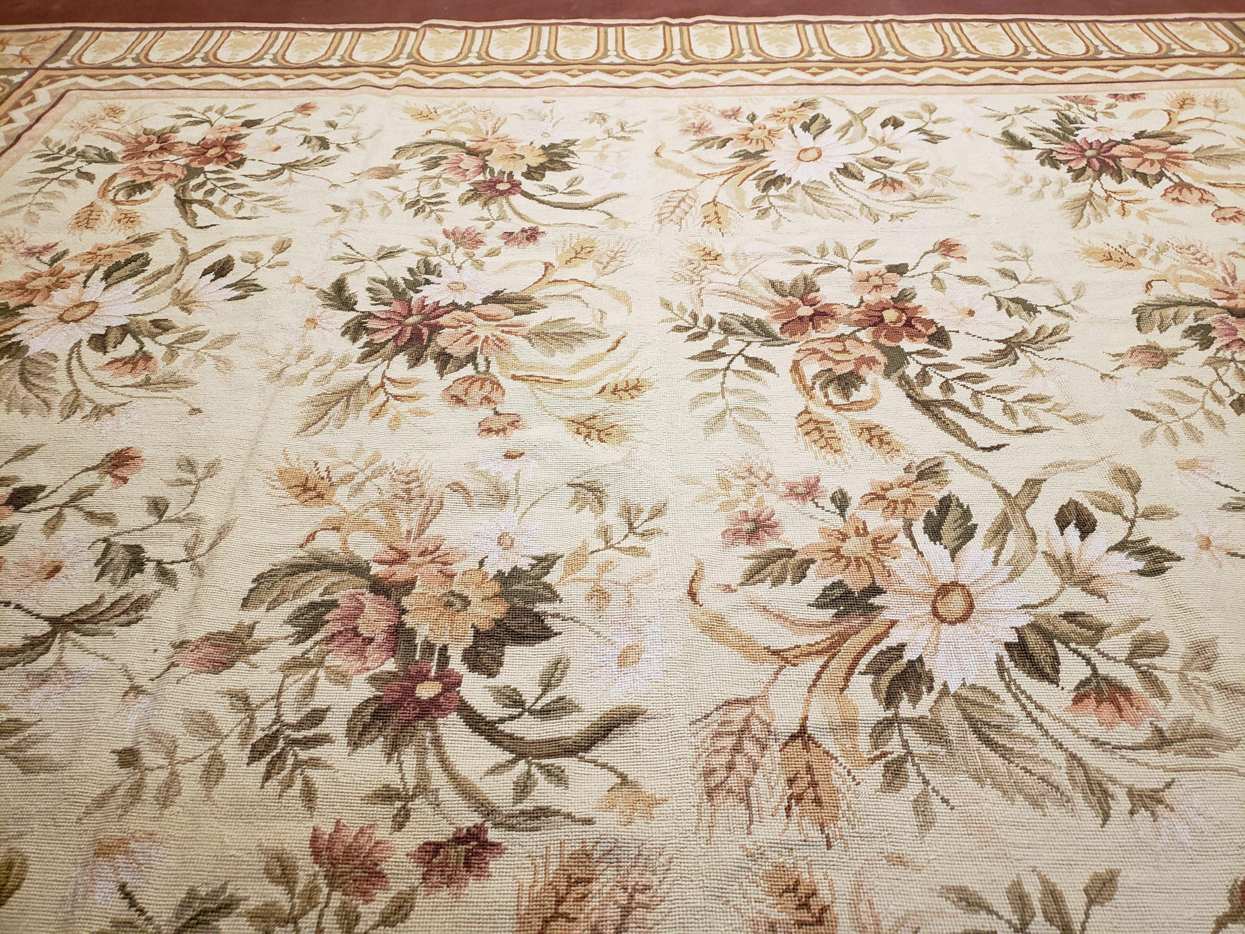 Needlepoint Rug 8x10 Aubusson Rug Victorian Floral Rug Handmade French Style French Decor Garden Panel Beige 8 x 10 Area Rug 100% Wool - Image 3