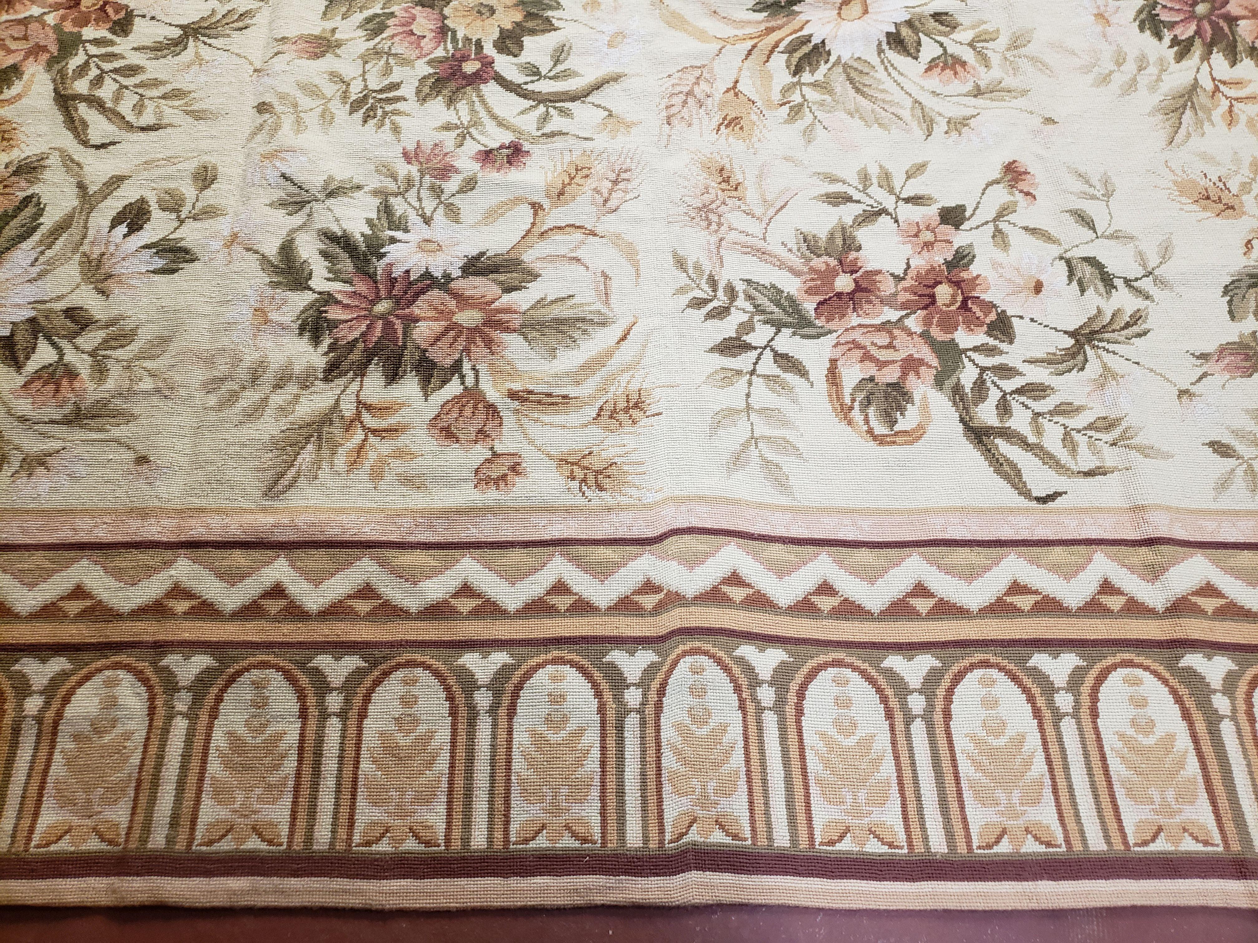 Needlepoint Rug 8x10 Aubusson Rug Victorian Floral Rug Handmade French Style French Decor Garden Panel Beige 8 x 10 Area Rug 100% Wool - Image 8