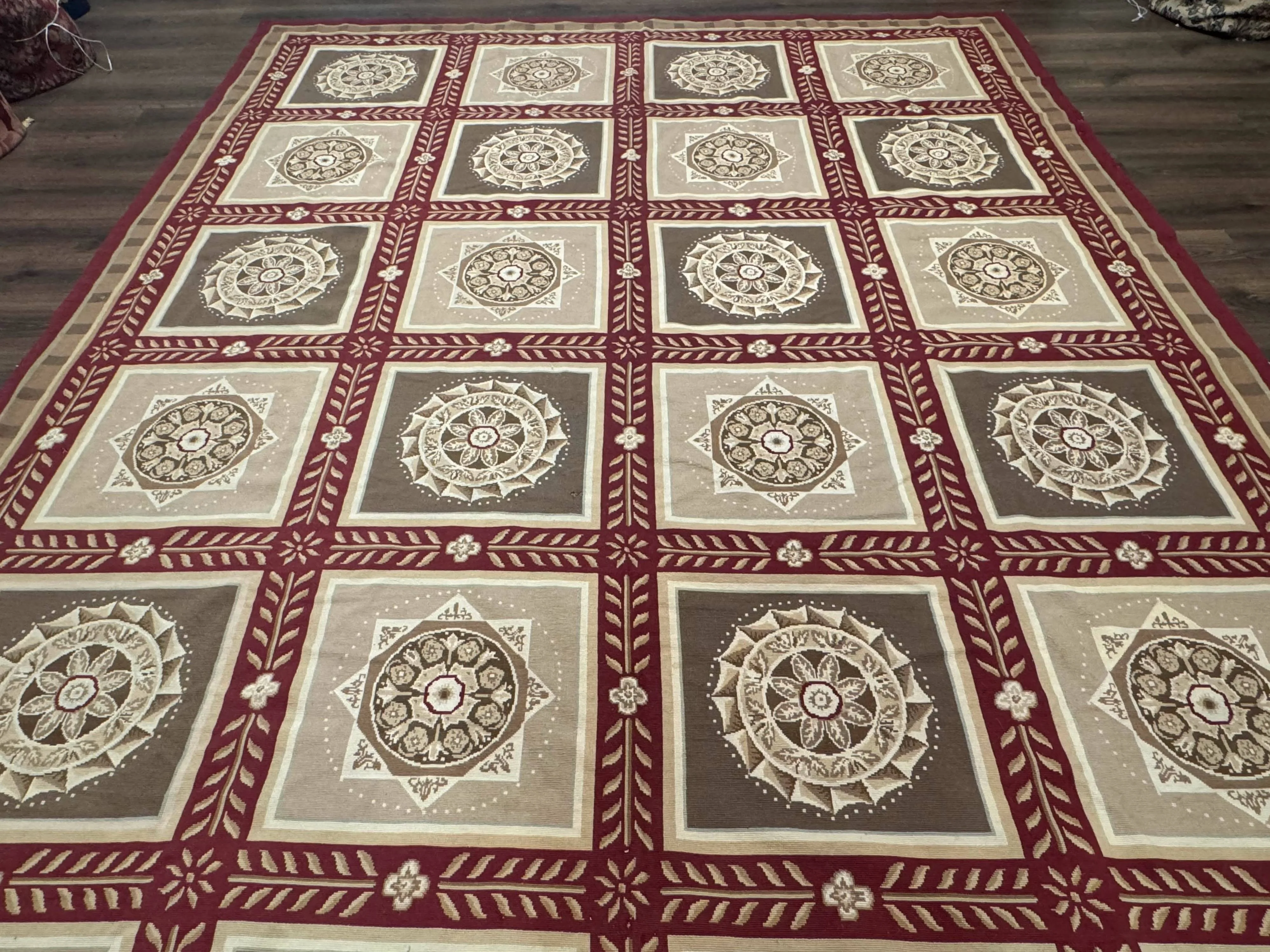 Needlepoint Rug 9x12, Panel Design, Burgundy Taupe, Elegant - Image 12