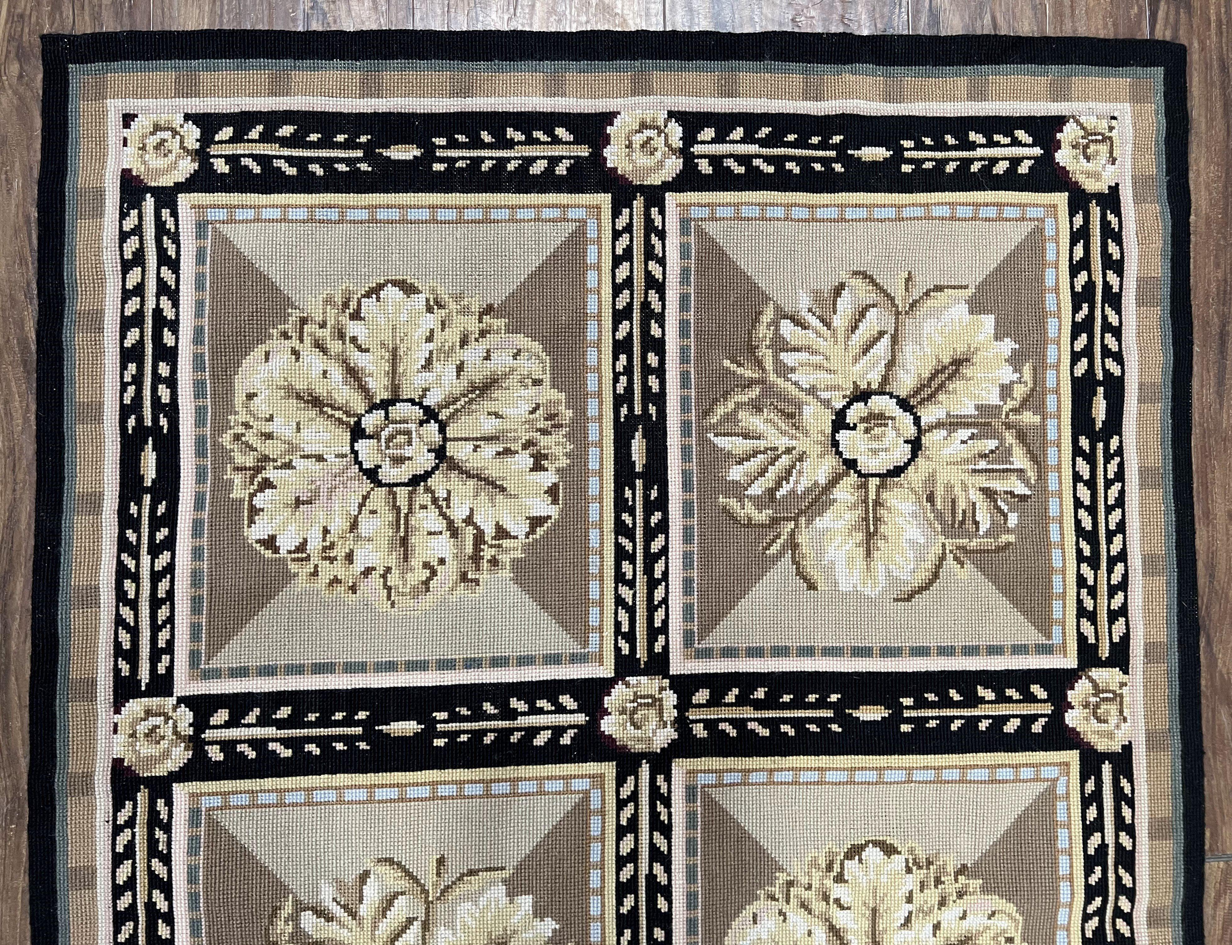 Needlepoint Runner Rug 3x8 Panel Design Rug, Flatweave Runner Rug, English Design, Floral, Short Runner Rug, Black and Beige Wool Hand-Woven - Image 4