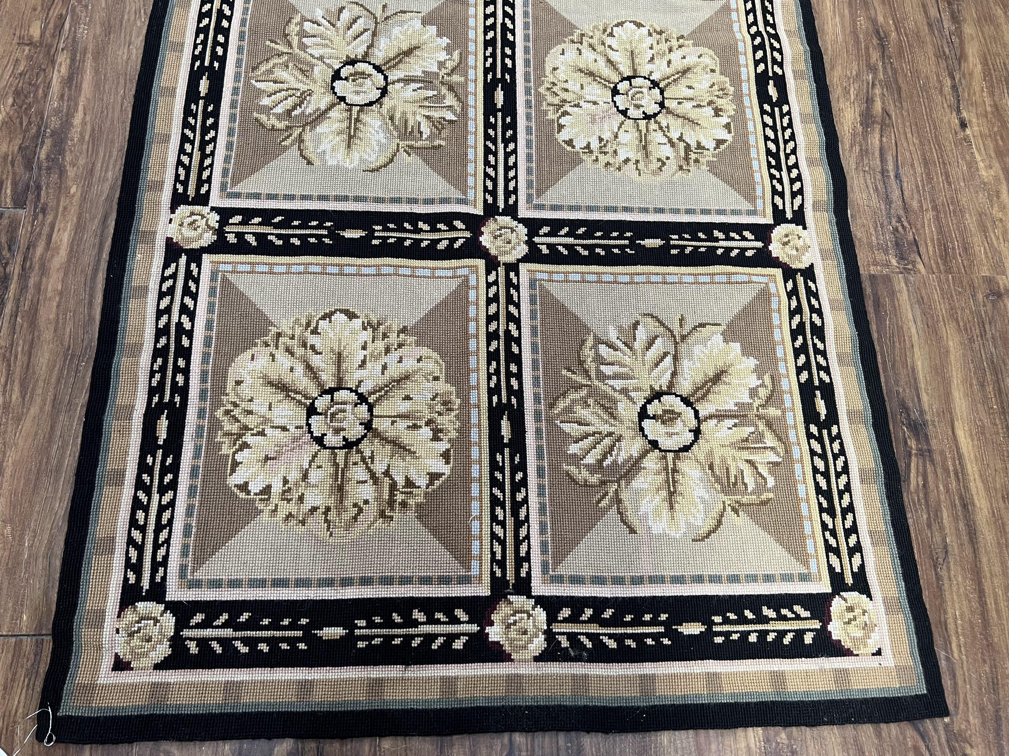 Needlepoint Runner Rug 3x8 Panel Design Rug, Flatweave Runner Rug, English Design, Floral, Short Runner Rug, Black and Beige Wool Hand-Woven - Image 9