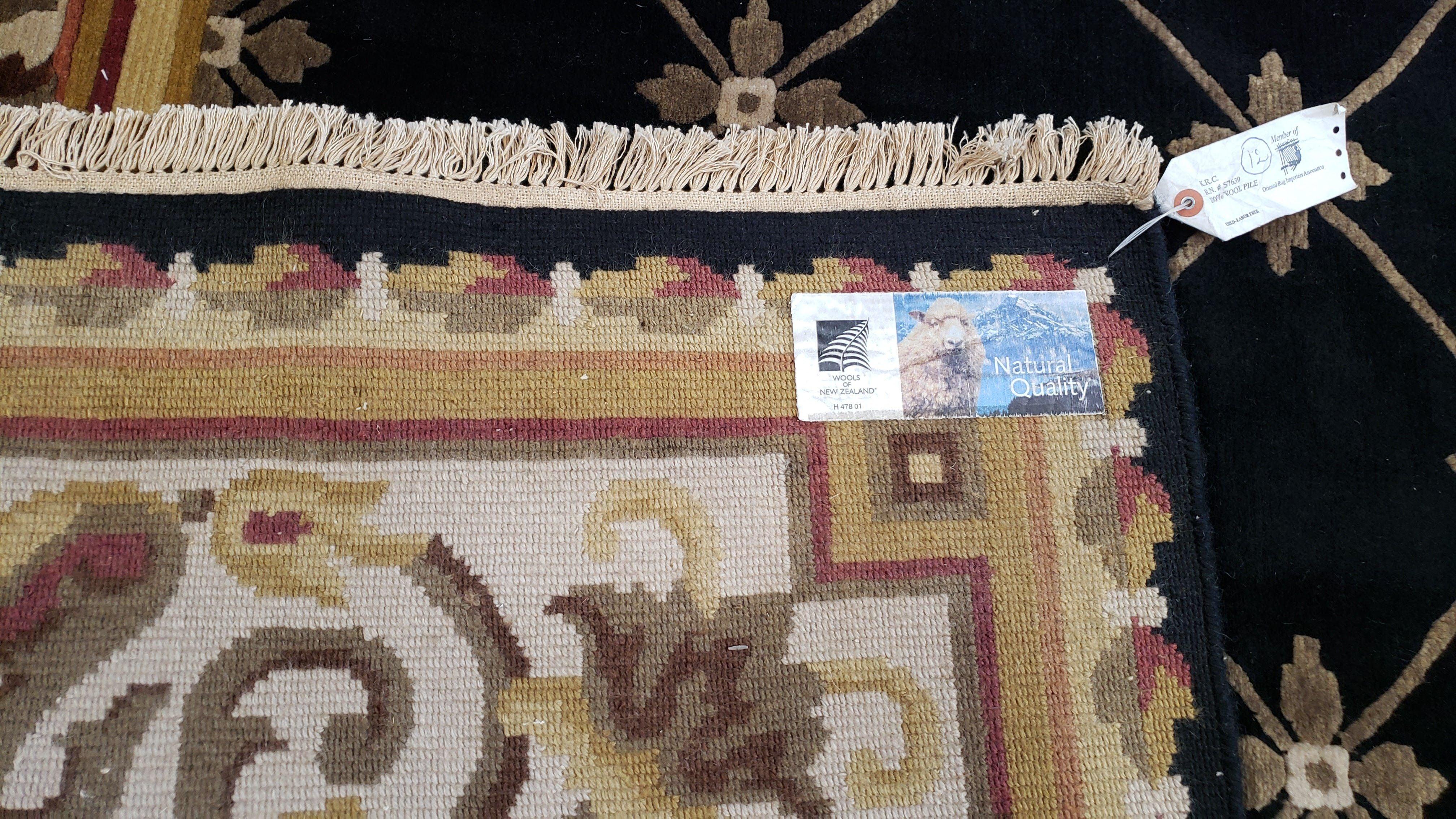 Nepal Rug 6x9, New Aubusson Nepalese Tibetan Carpet 6'1" x 8' 8", Hand-Knotted Wool, Unused, Black & Cream, Savonnerie Pattern, Soft Pile - Image 10