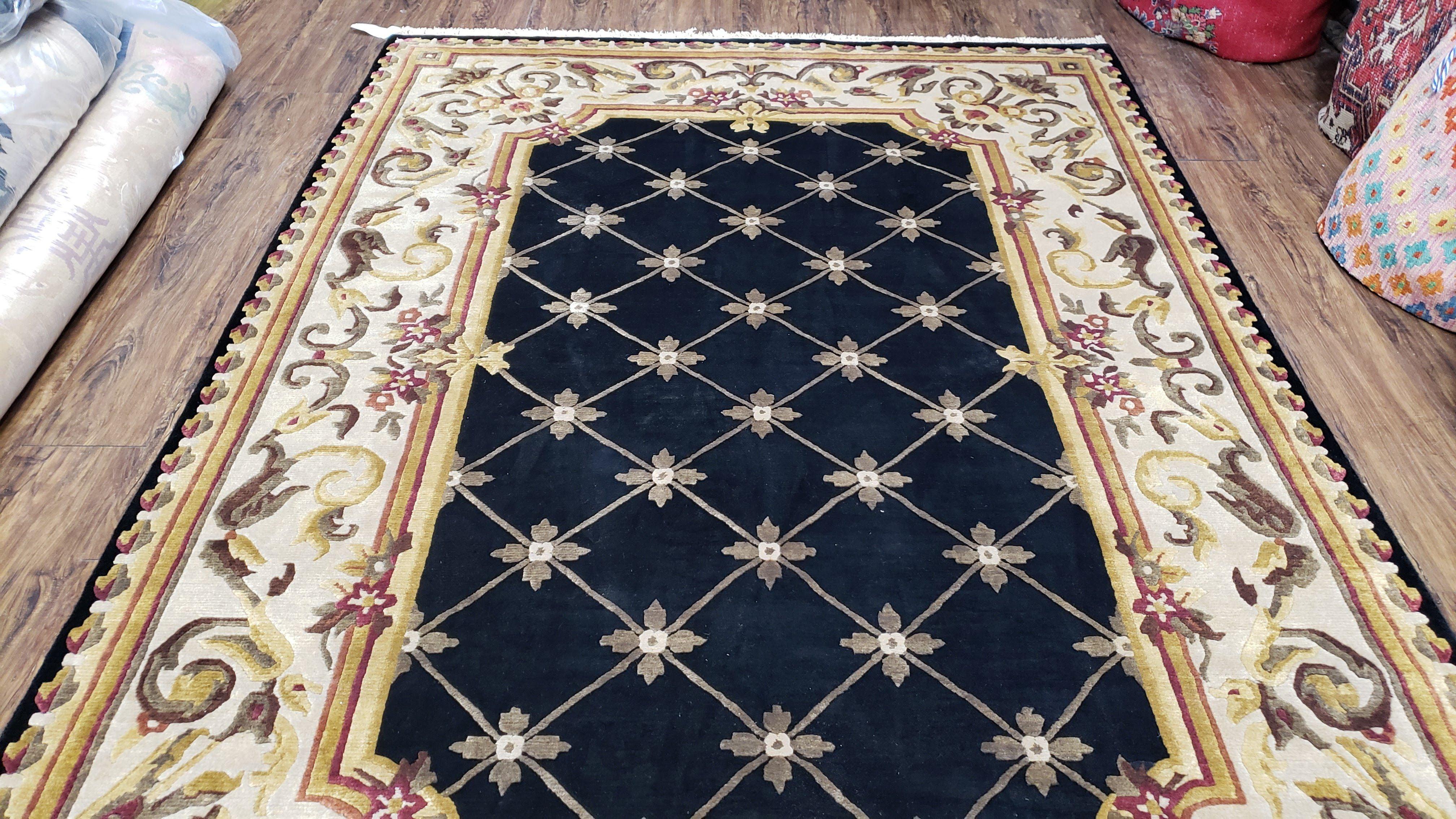 Nepal Rug 6x9, New Aubusson Nepalese Tibetan Carpet 6'1" x 8' 8", Hand-Knotted Wool, Unused, Black & Cream, Savonnerie Pattern, Soft Pile - Image 11