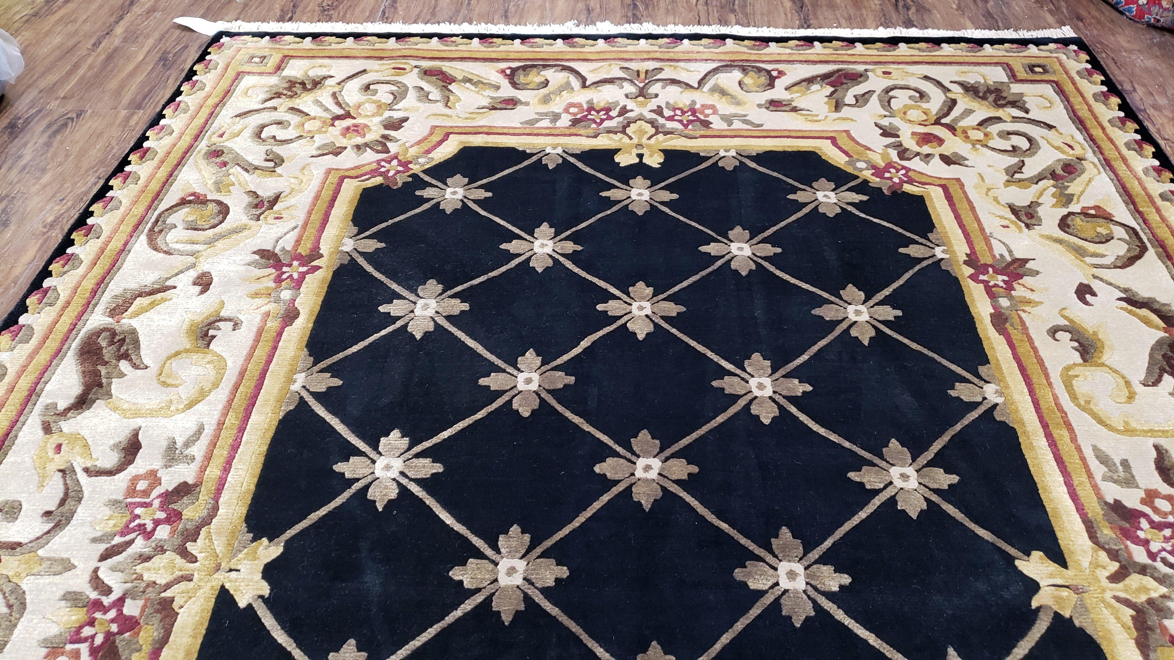 Nepal Rug 6x9, New Aubusson Nepalese Tibetan Carpet 6'1" x 8' 8", Hand-Knotted Wool, Unused, Black & Cream, Savonnerie Pattern, Soft Pile - Image 12