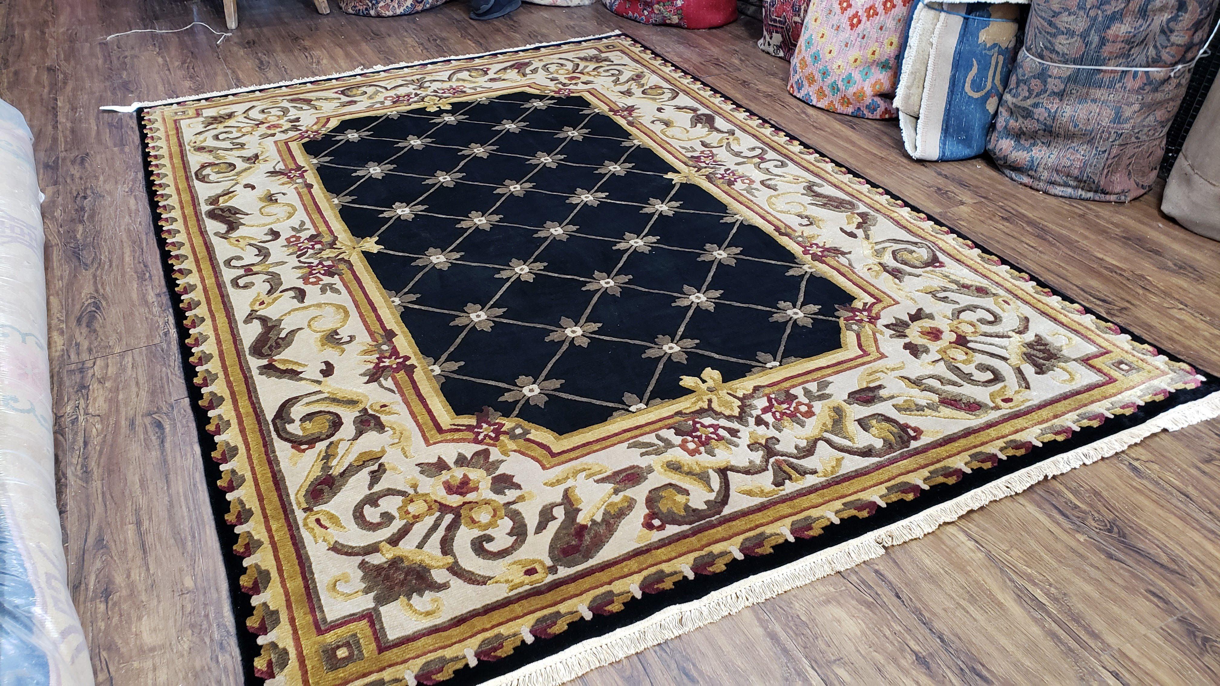 Nepal Rug 6x9, New Aubusson Nepalese Tibetan Carpet 6'1" x 8' 8", Hand-Knotted Wool, Unused, Black & Cream, Savonnerie Pattern, Soft Pile - Image 2