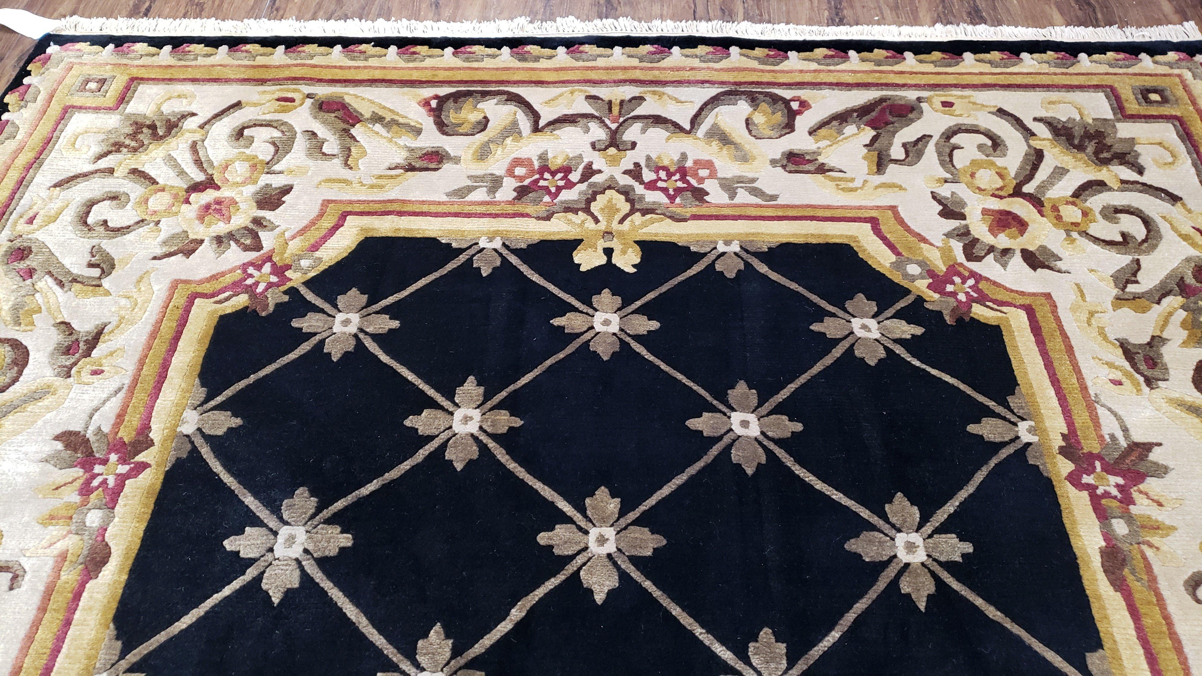 Nepal Rug 6x9, New Aubusson Nepalese Tibetan Carpet 6'1" x 8' 8", Hand-Knotted Wool, Unused, Black & Cream, Savonnerie Pattern, Soft Pile - Image 3