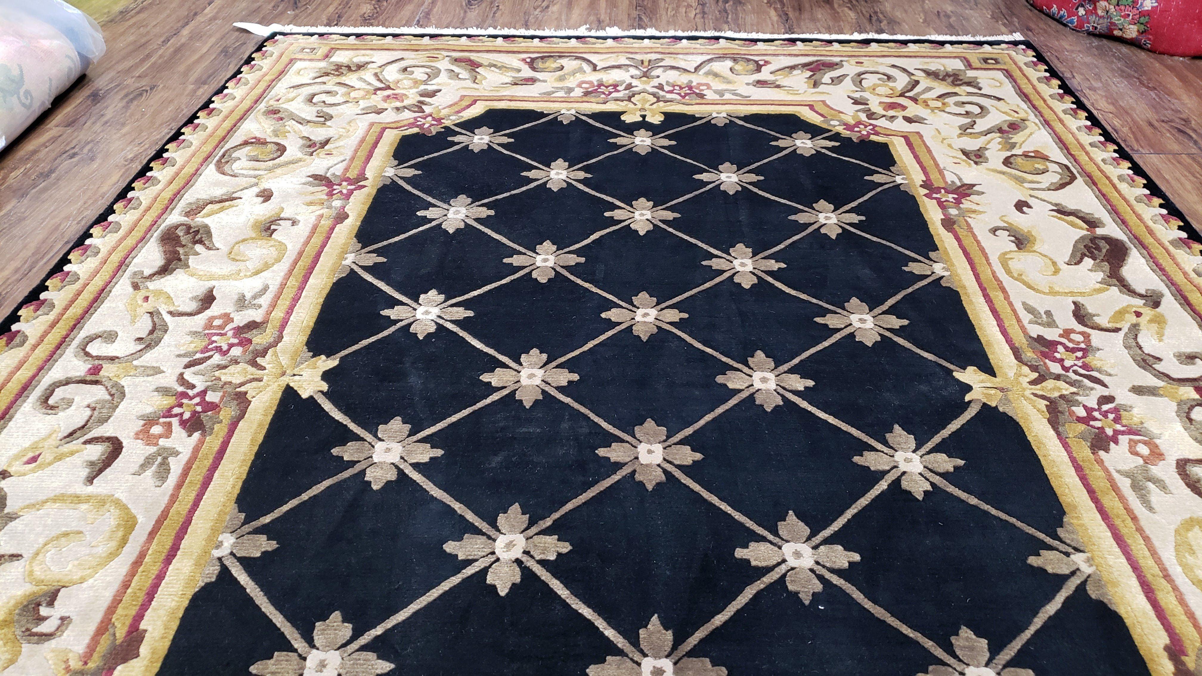 Nepal Rug 6x9, New Aubusson Nepalese Tibetan Carpet 6'1" x 8' 8", Hand-Knotted Wool, Unused, Black & Cream, Savonnerie Pattern, Soft Pile - Image 4