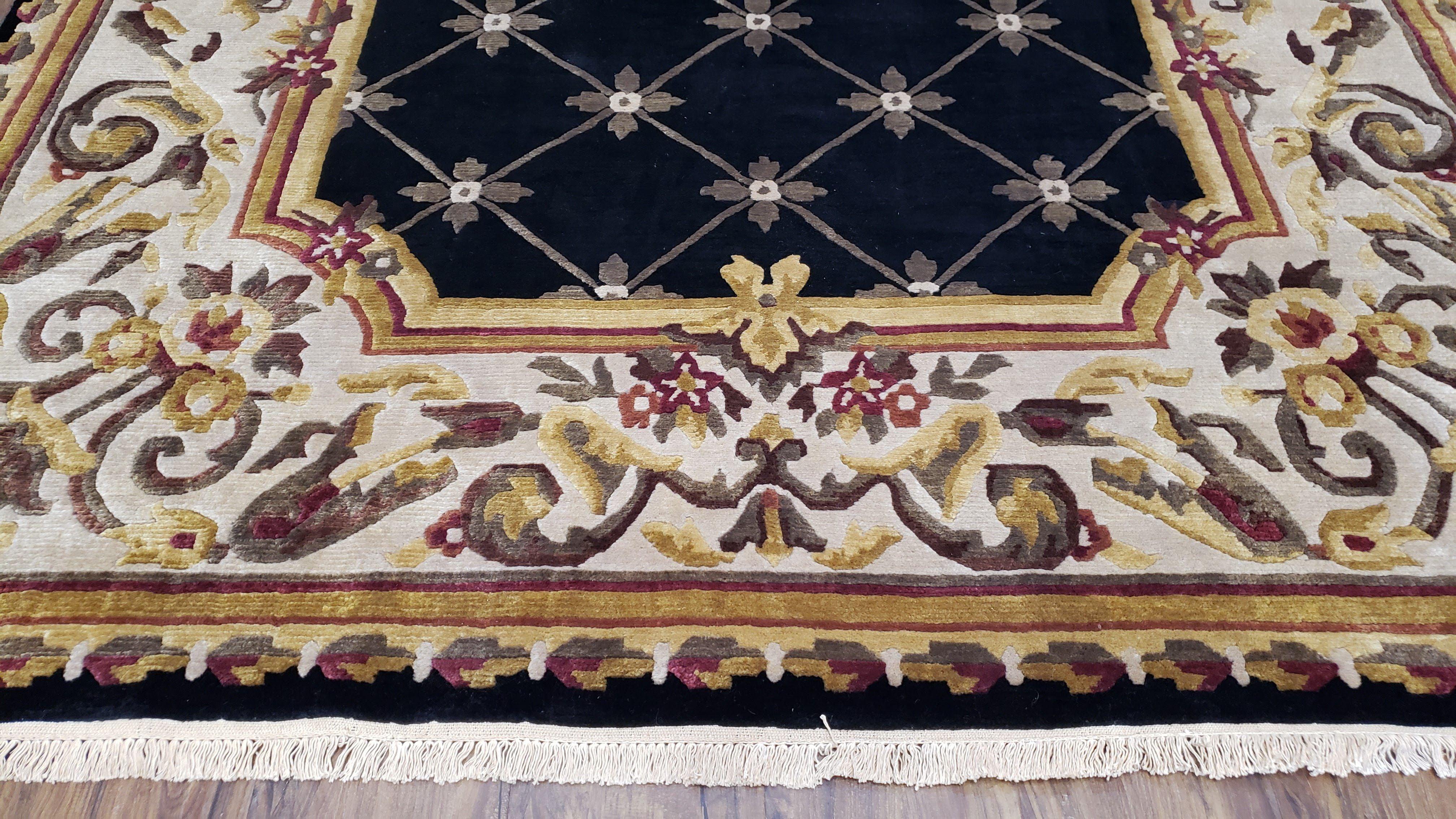 Nepal Rug 6x9, New Aubusson Nepalese Tibetan Carpet 6'1" x 8' 8", Hand-Knotted Wool, Unused, Black & Cream, Savonnerie Pattern, Soft Pile - Image 5
