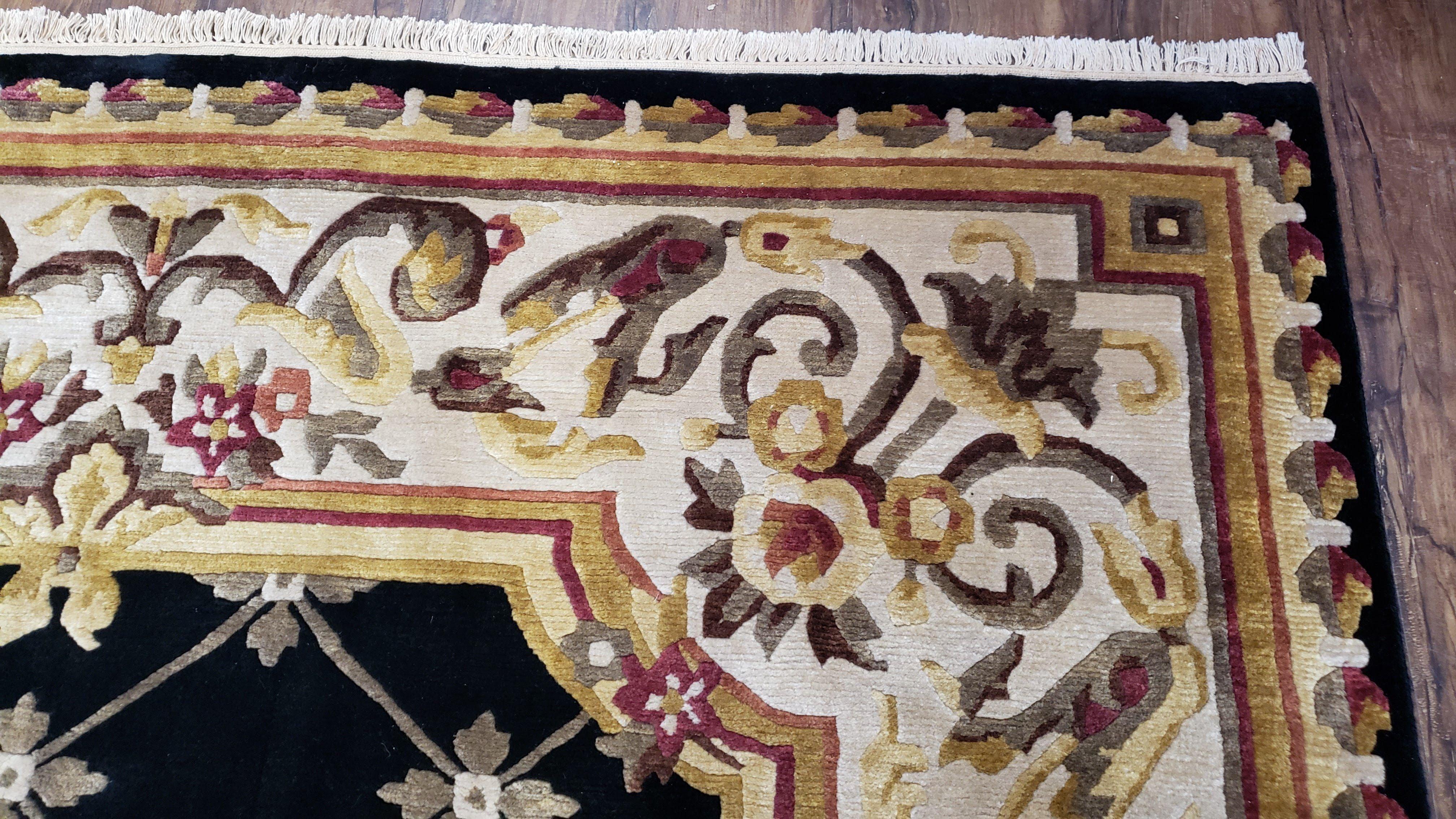 Nepal Rug 6x9, New Aubusson Nepalese Tibetan Carpet 6'1" x 8' 8", Hand-Knotted Wool, Unused, Black & Cream, Savonnerie Pattern, Soft Pile - Image 7