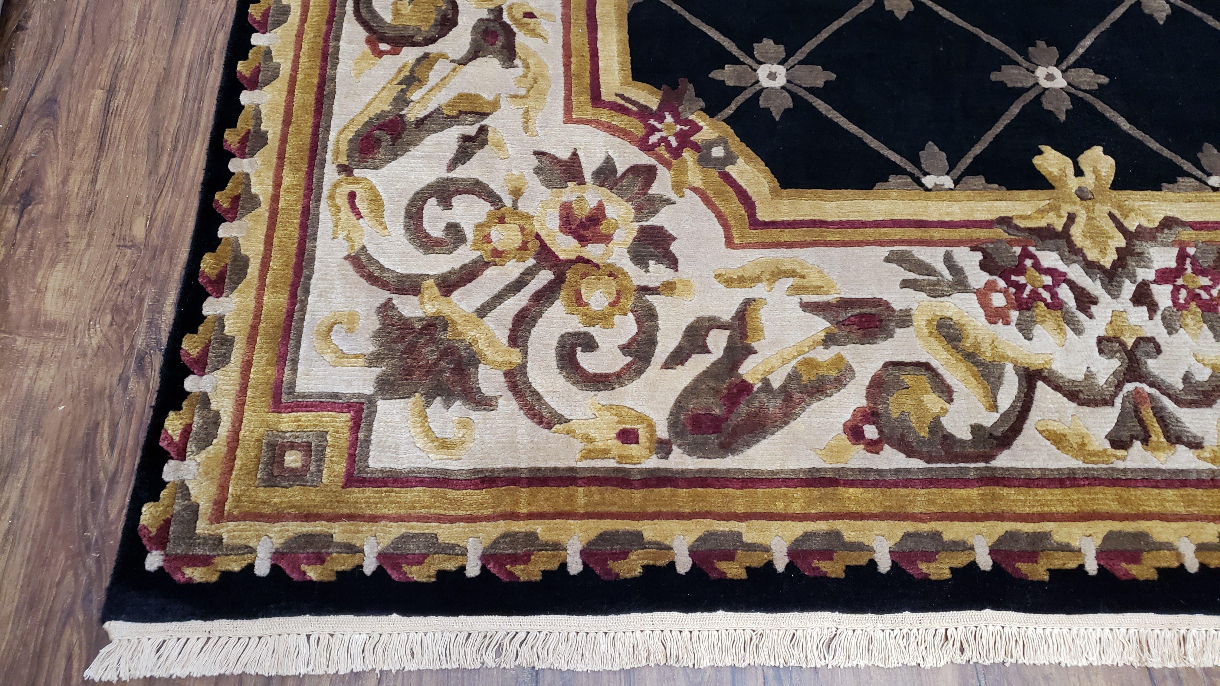 Nepal Rug 6x9, New Aubusson Nepalese Tibetan Carpet 6'1" x 8' 8", Hand-Knotted Wool, Unused, Black & Cream, Savonnerie Pattern, Soft Pile - Image 8