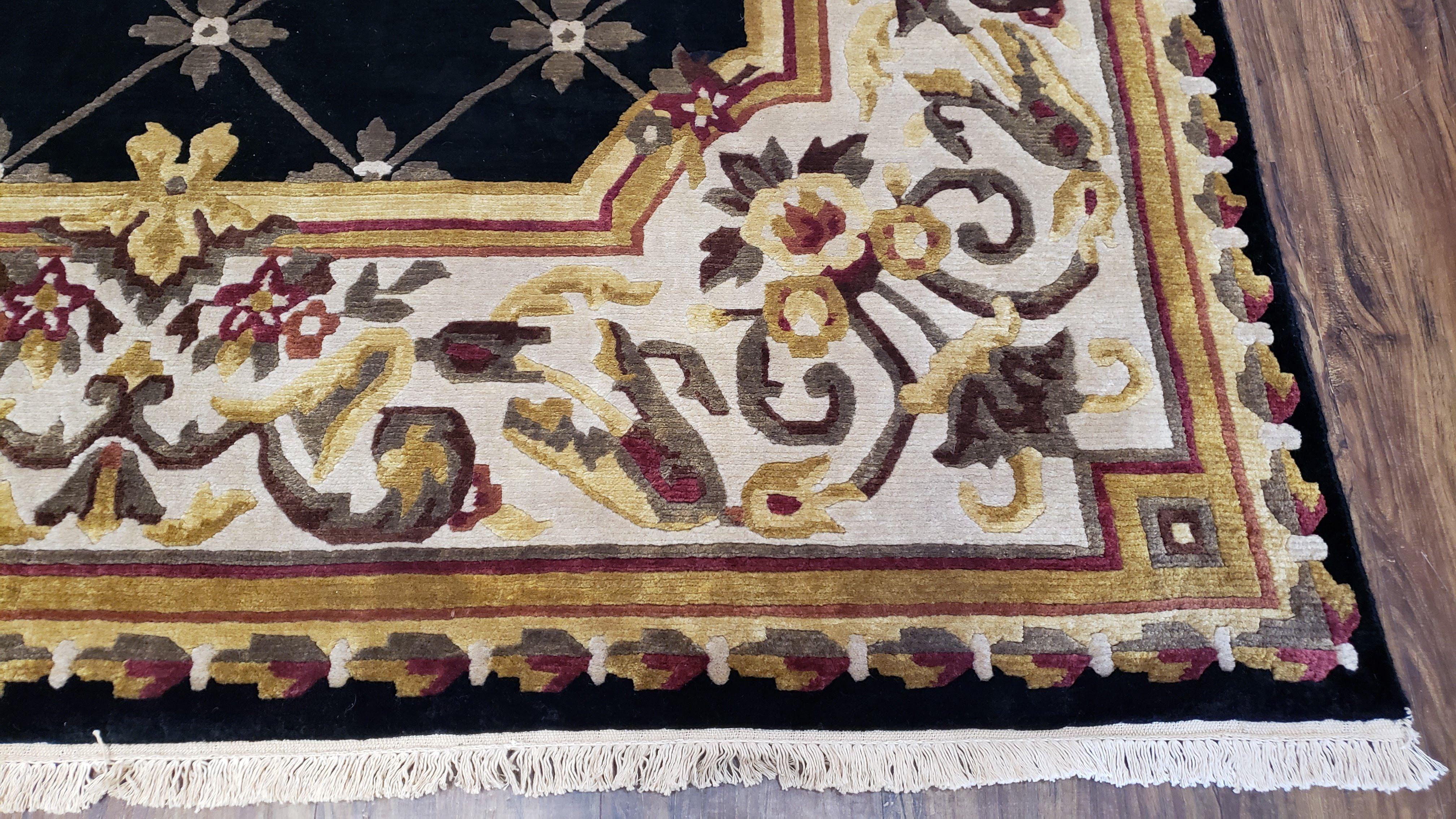 Nepal Rug 6x9, New Aubusson Nepalese Tibetan Carpet 6'1" x 8' 8", Hand-Knotted Wool, Unused, Black & Cream, Savonnerie Pattern, Soft Pile - Image 9