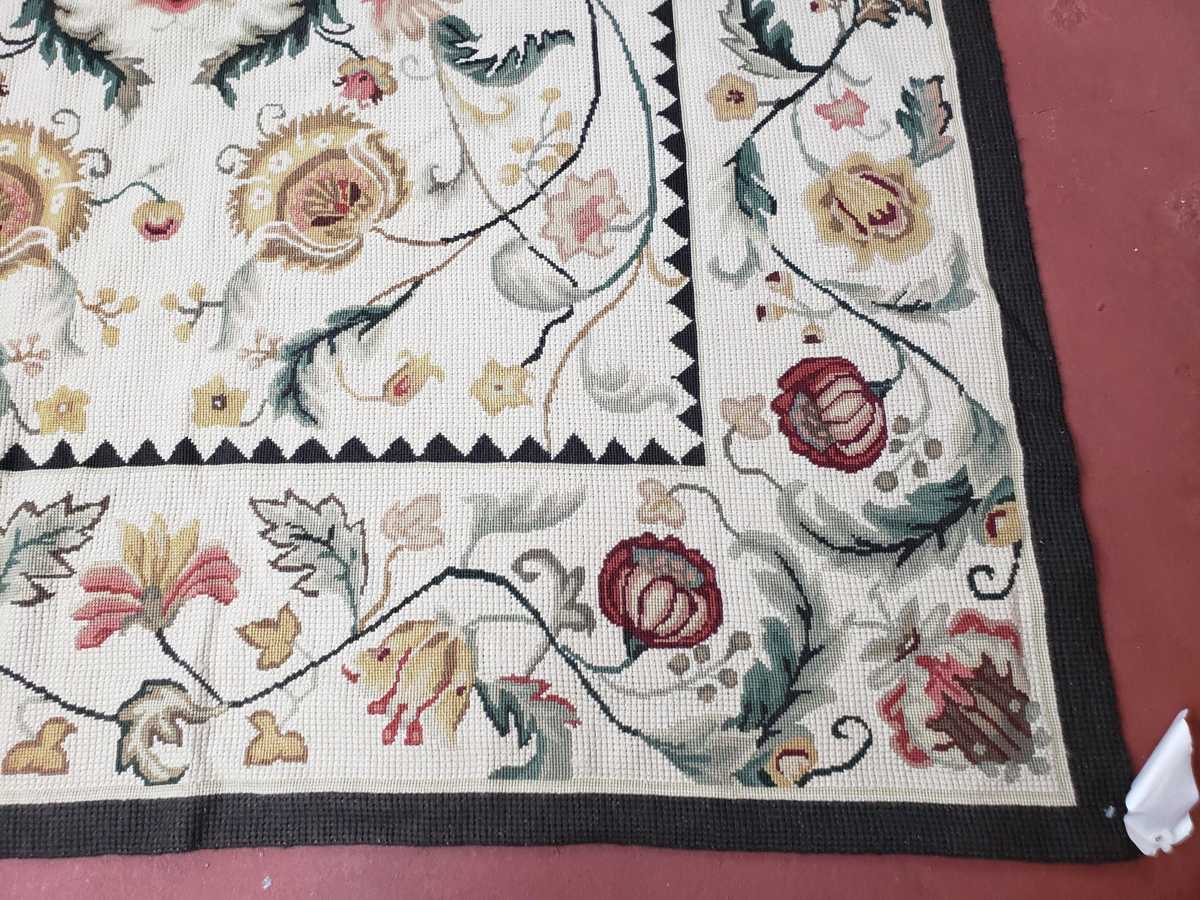 New Needlepoint Rug 9x12, Hand Woven Wool Area Rug, Flatweave Carpet, Handmade Chinese Needlepoint, Floral European Design, Ivory Background - Image 9