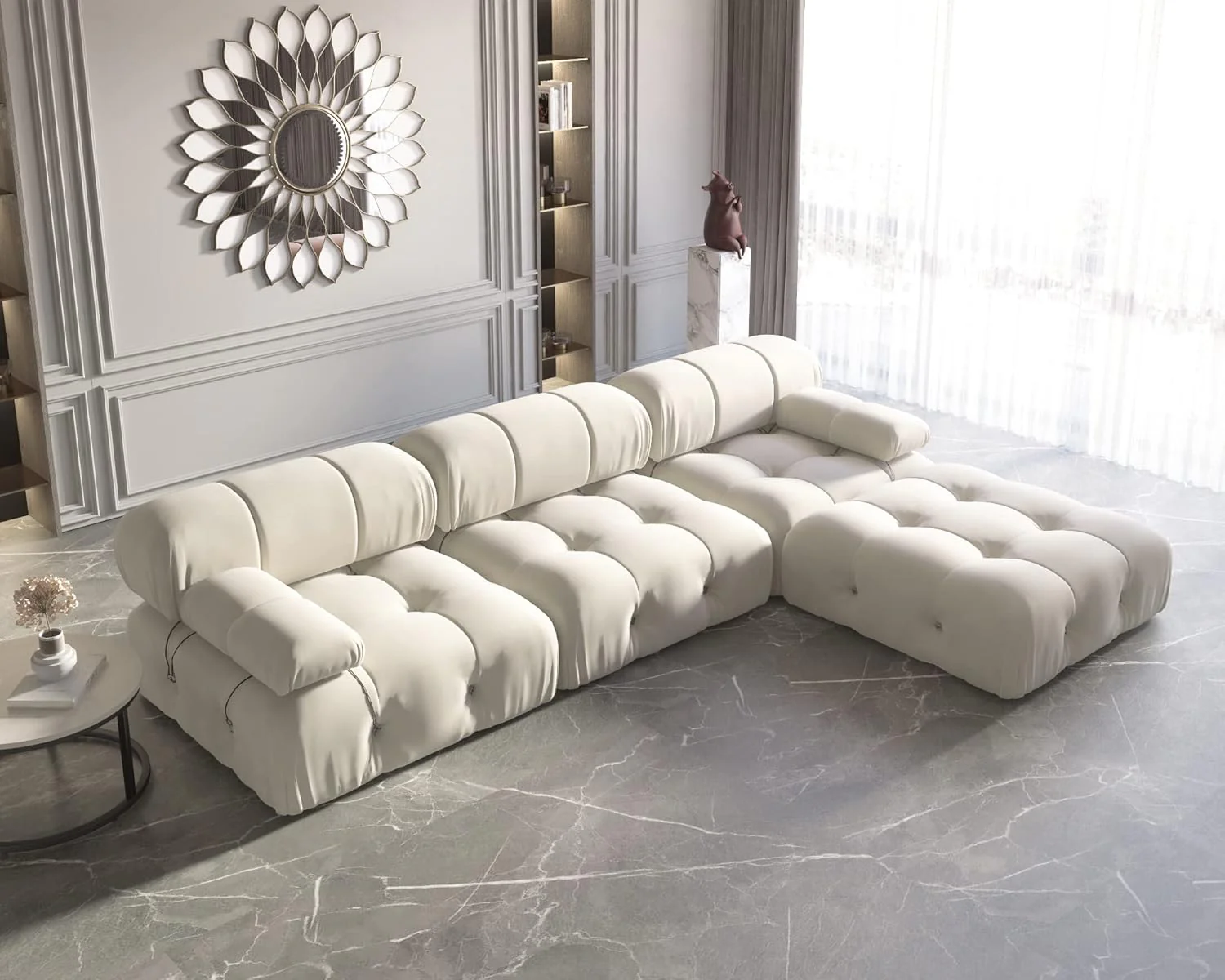 Nuvé® Takumi Velvet Modular Bouclé Cloud Sofa - Beige - 3-Seater Sofa with 1 Ottoman - Image 4