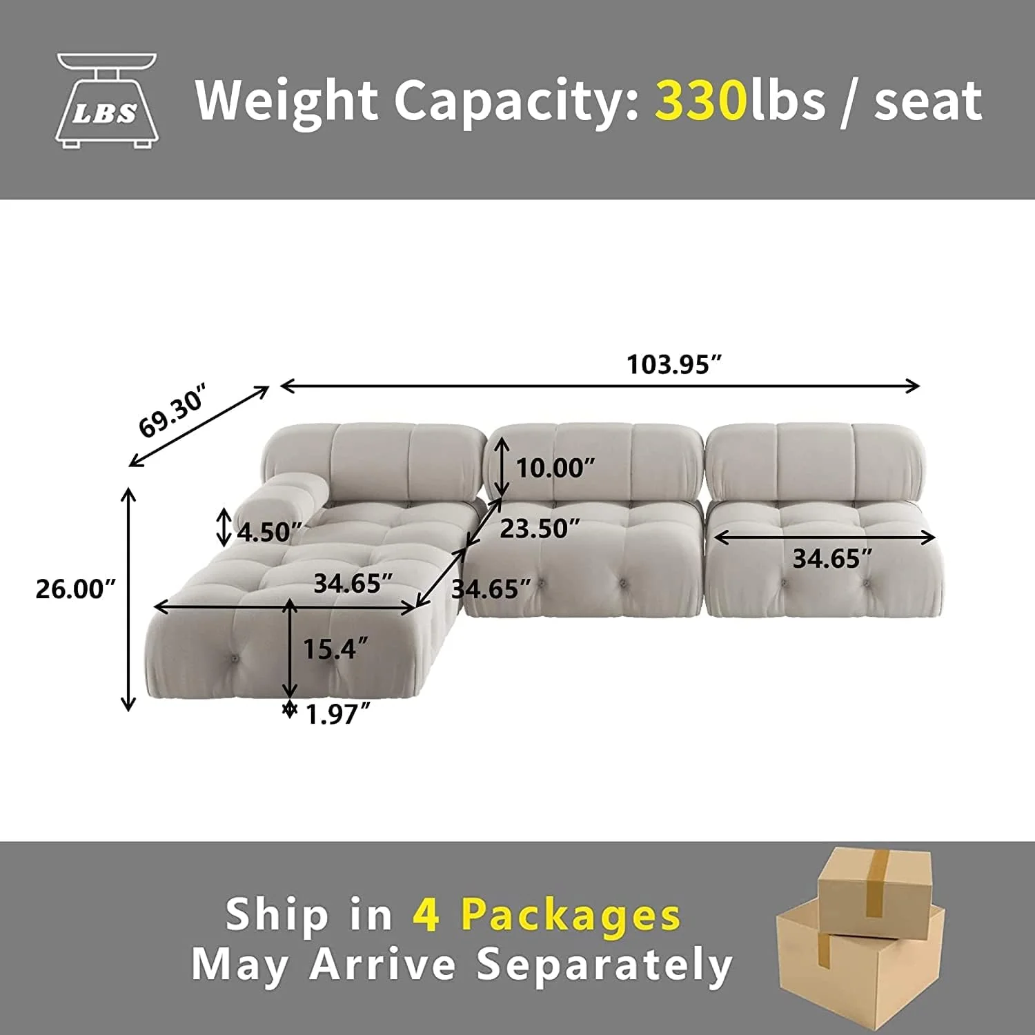 Nuvé® Takumi Velvet Modular Bouclé Cloud Sofa - Beige - 3-Seater Sofa with 1 Ottoman - Image 6