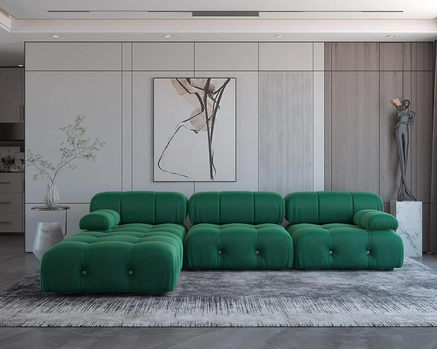 Nuvé® Takumi Velvet Modular Bouclé Cloud Sofa - Green - 3-Seater Sofa with 1 Ottoman - Image 3