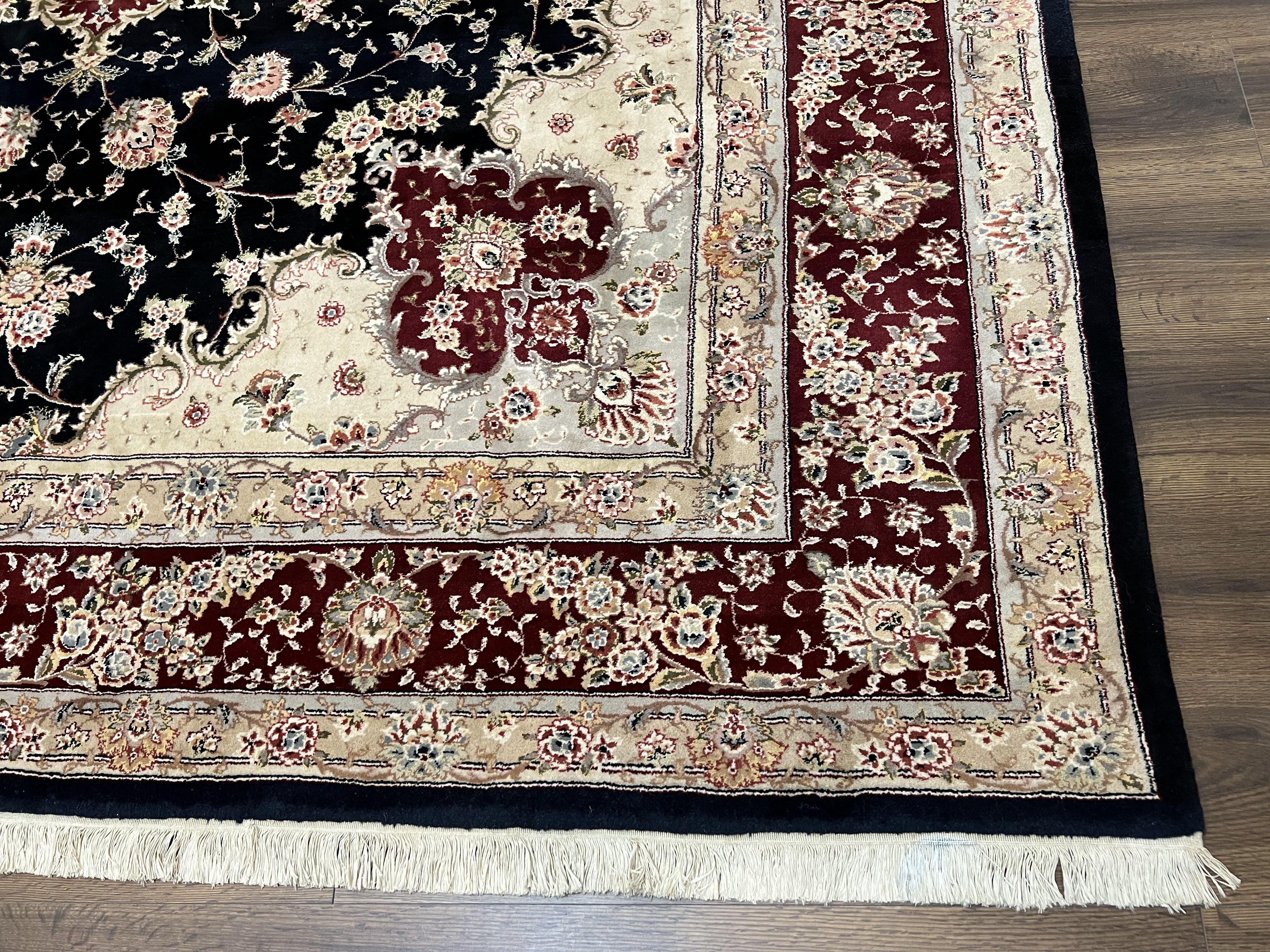 Pak Persian Rug 8.8 x 10.6, Floral Medallion, Wool and Silk Hand Knotted Fine Oriental Carpet, Elegant Rug, Black Gray Burgundy, Room Sized - Image 9
