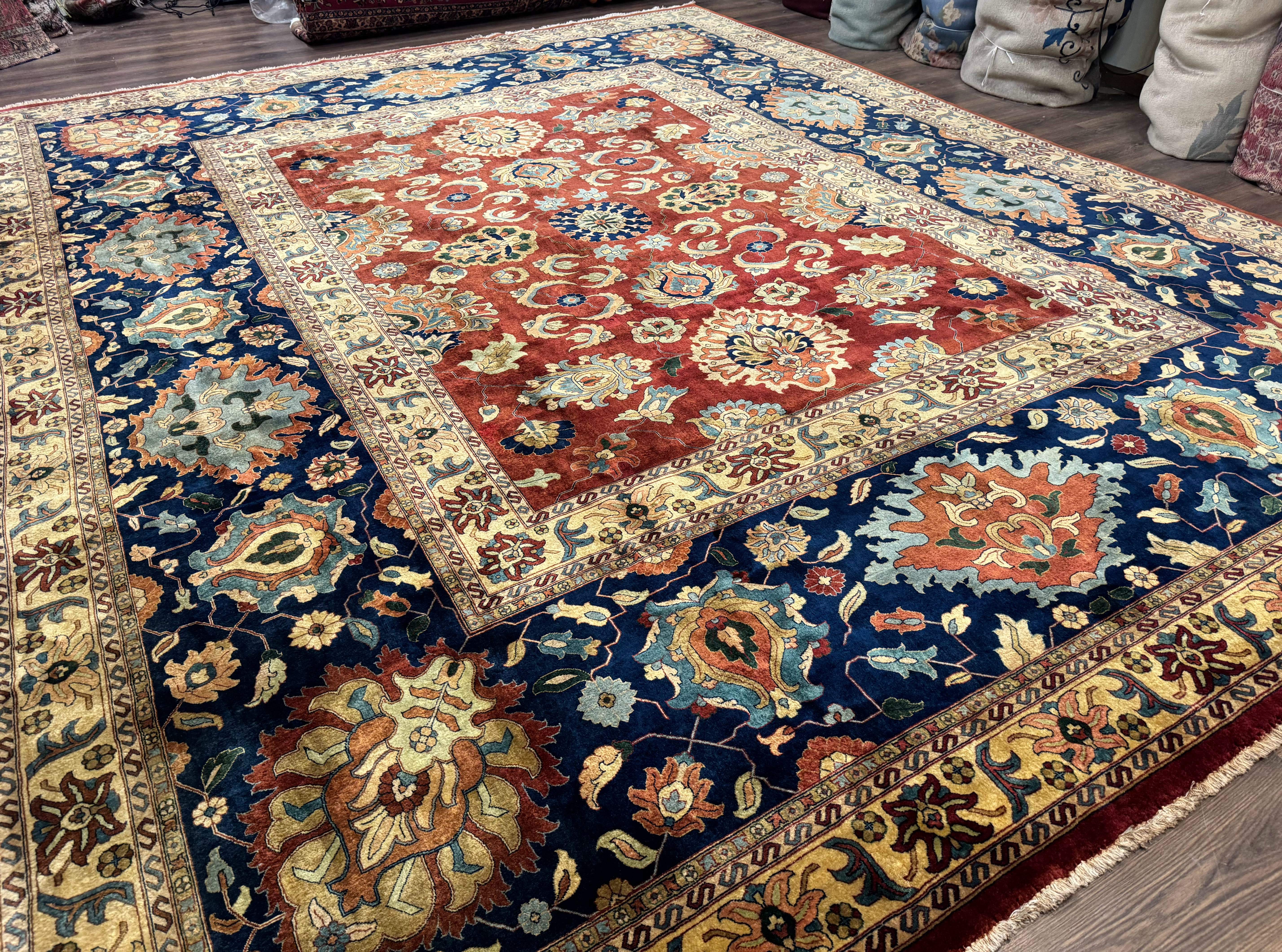 Palace Size Indo Persian Rug 12x15, Sultanabad Mahal Carpet, Red Navy Blue, Fine 210 KPSI - Image 12