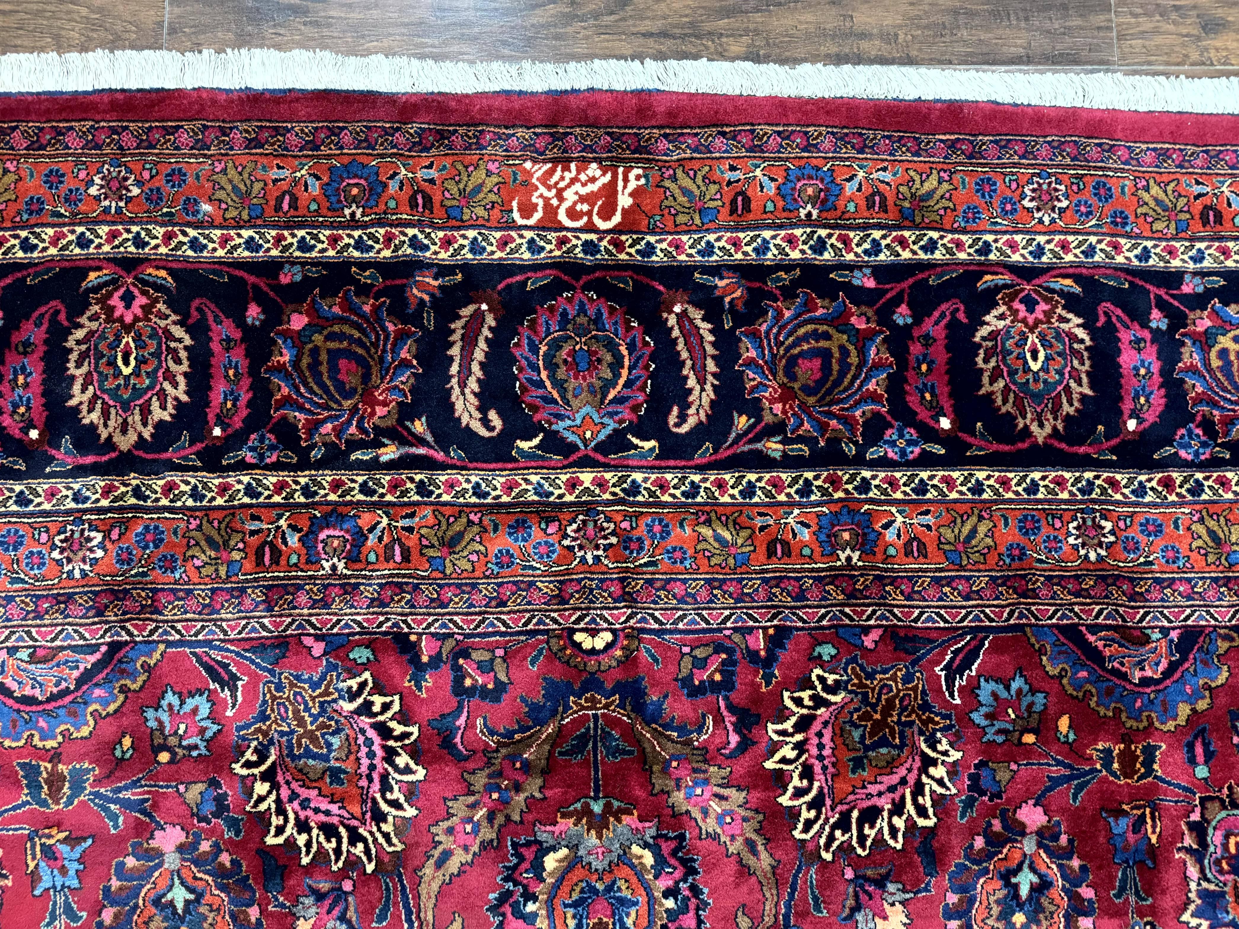 Palace Size Persian Mashad Rug 12x16, Raspberry and Navy Blue, Signature from Master Weaver, Antique Handmade Large Wool Carpet - Image 3