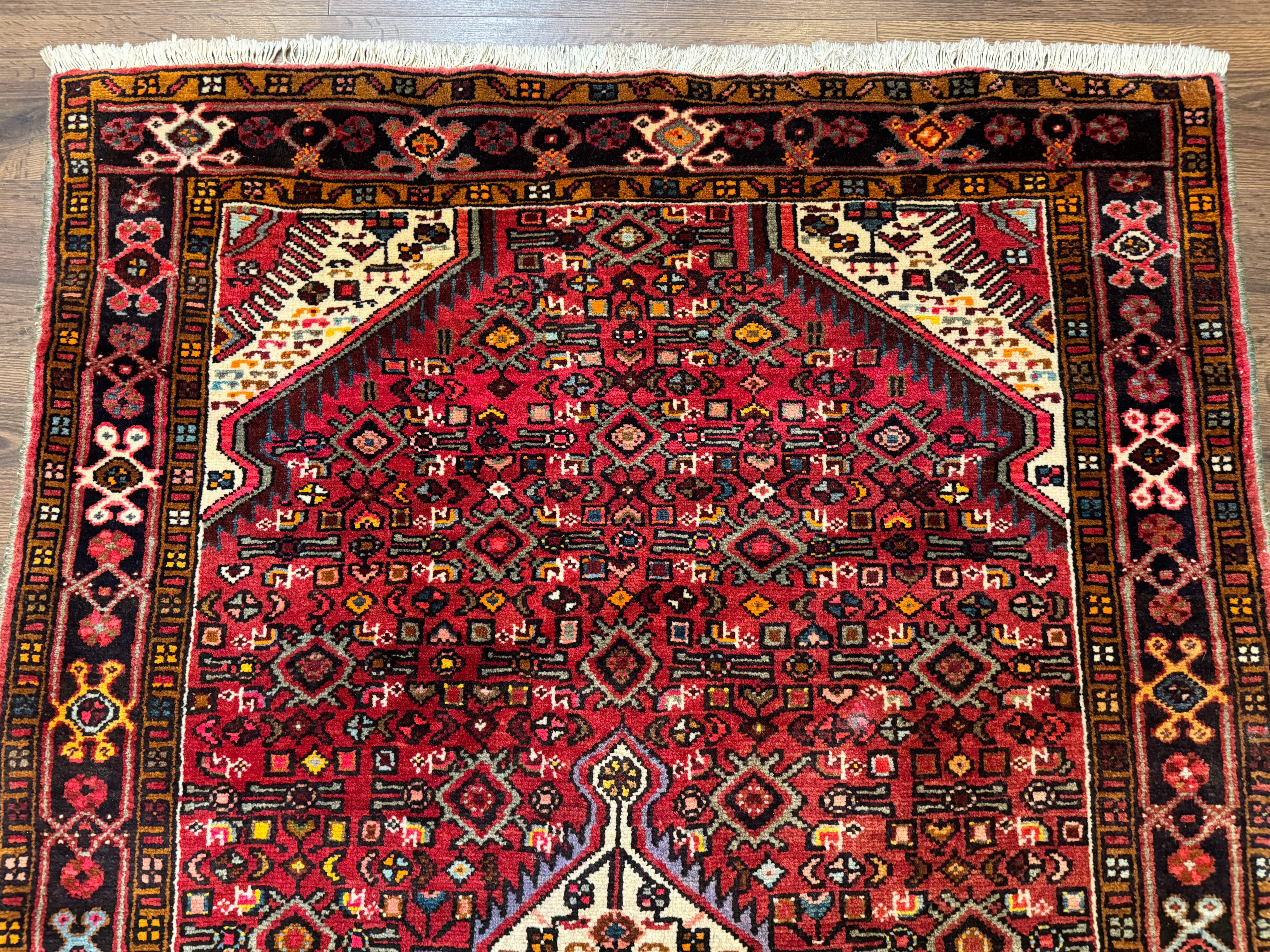 Persian Hamadan Rug 4x7, Tribal Village Malayer Carpet, Red and Ivory, Bohemian Antique - Image 3