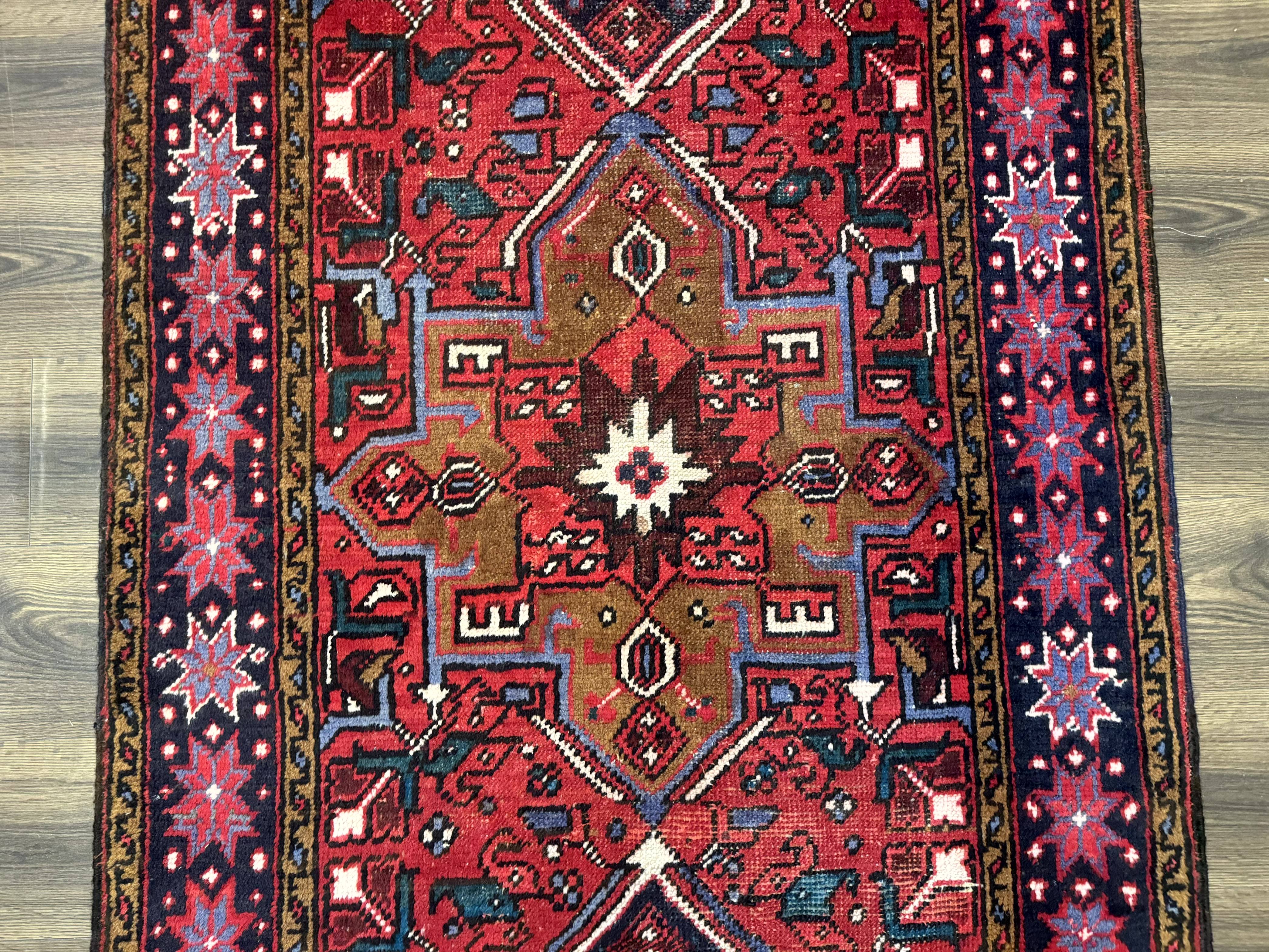 Persian Heriz Karajeh Runner Rug 3.7 x 12, Geometric Medallions, Red and Navy Blue - Image 8