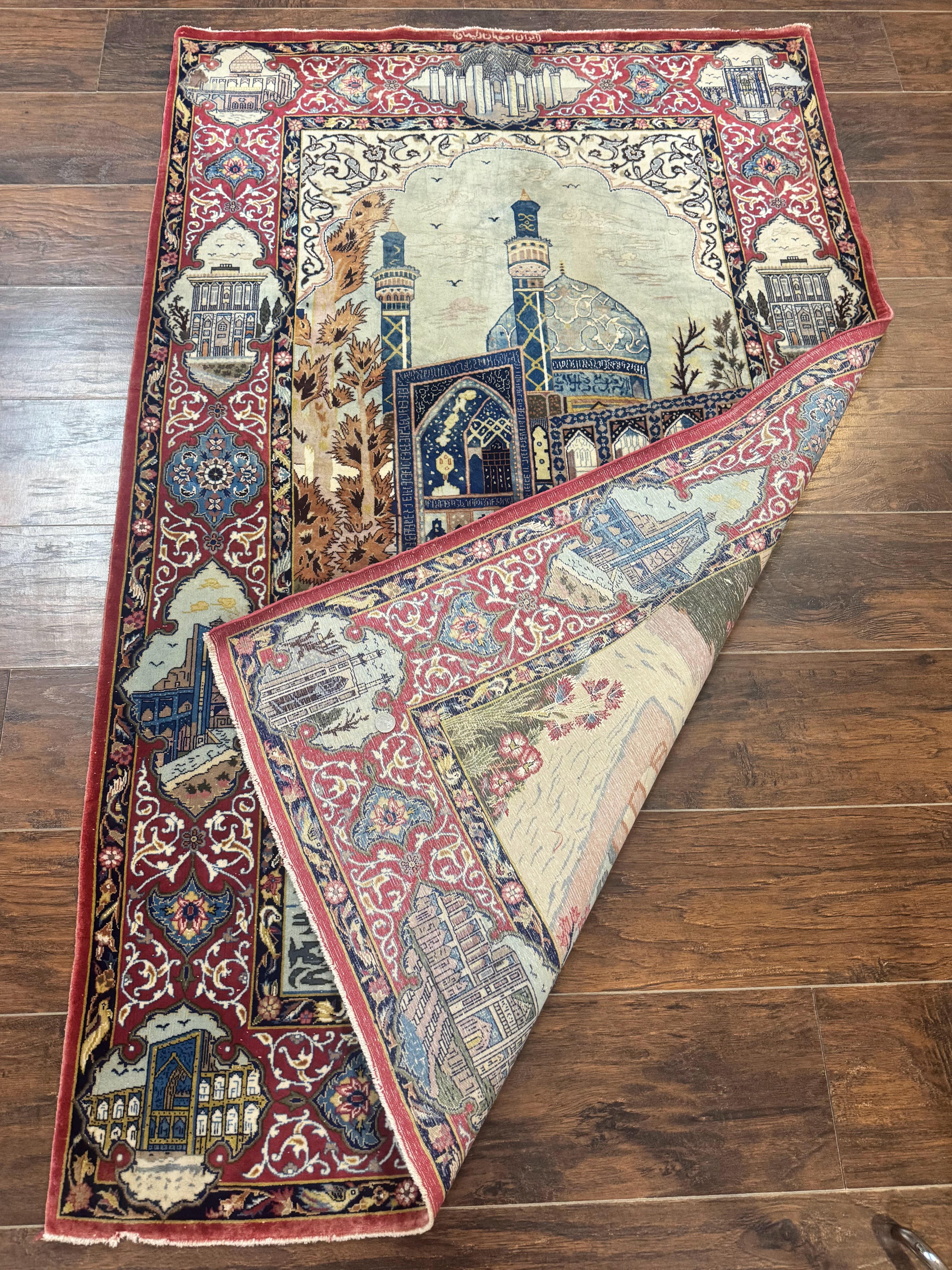 Persian Isfahan Pictorial Rug 3.6 x 5.7, Very Fine 400 KPSI, Historical Buildings, Signed By Masterweaver, Handmade - Image 12