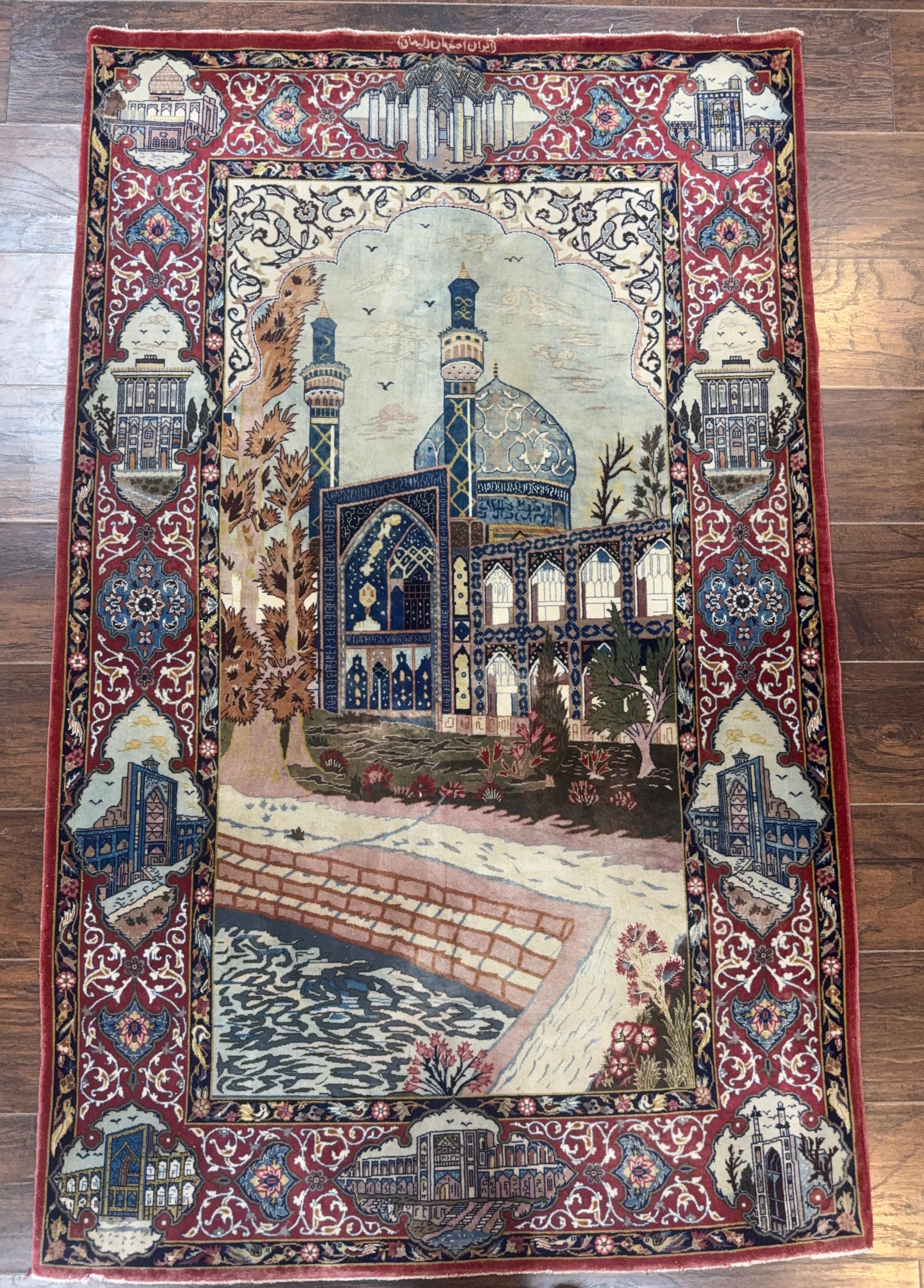 Persian Isfahan Pictorial Rug 3.6 x 5.7, Very Fine 400 KPSI, Historical Buildings, Signed By Masterweaver, Handmade - Image 2