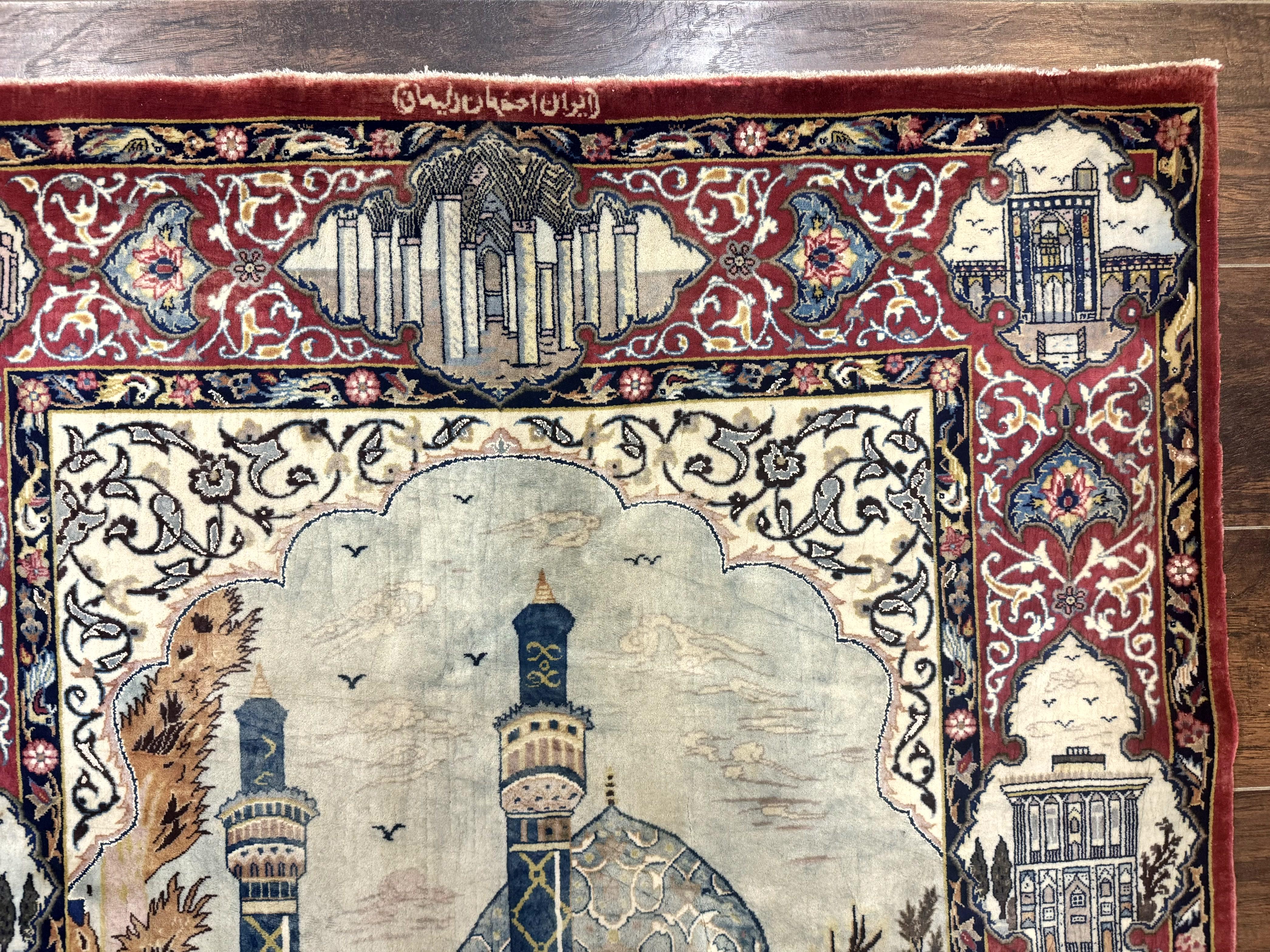 Persian Isfahan Pictorial Rug 3.6 x 5.7, Very Fine 400 KPSI, Historical Buildings, Signed By Masterweaver, Handmade - Image 8
