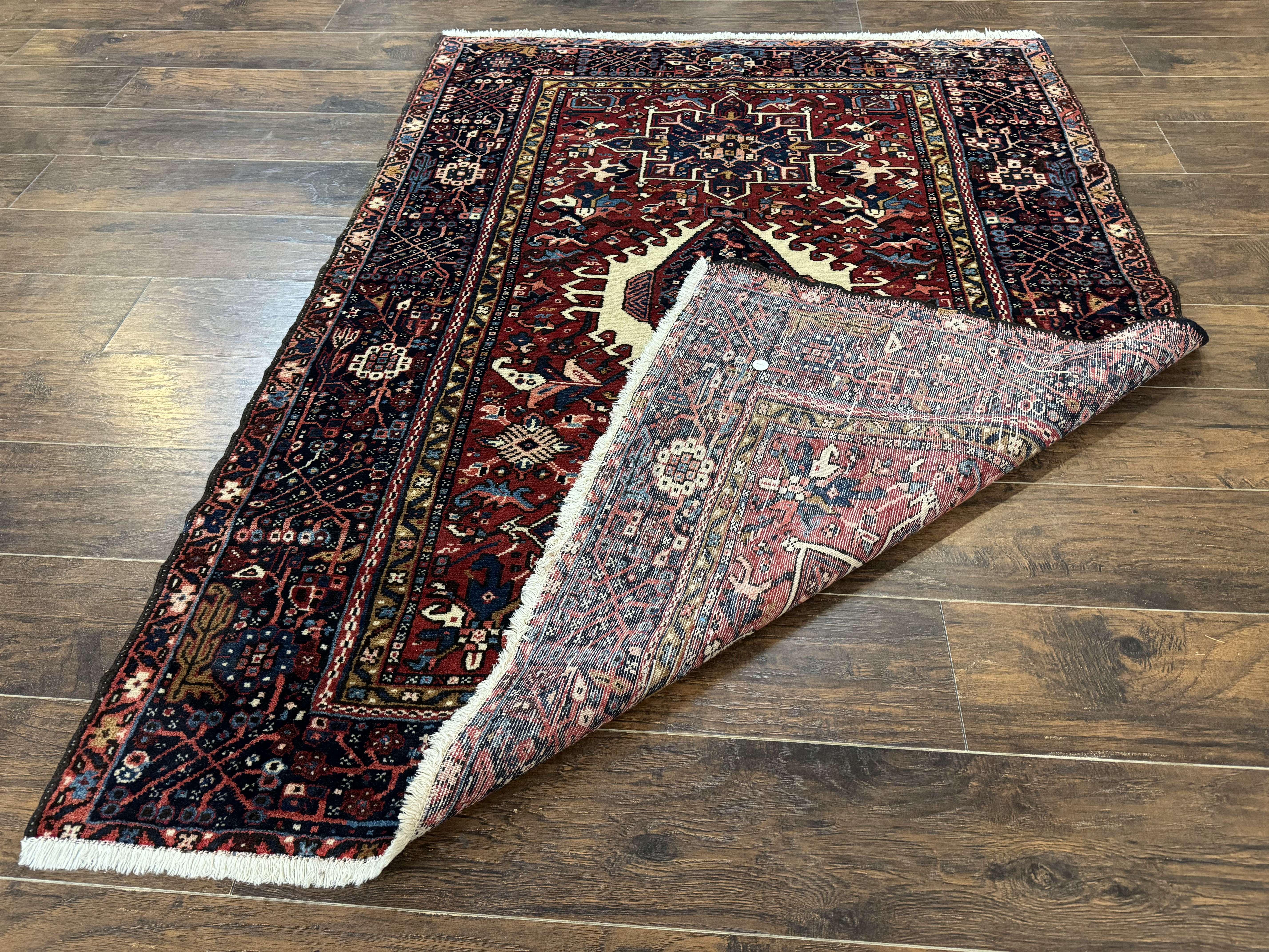 Persian Karajeh Rug 5x6, Antique Heriz Carpet, Geometric, Persian Tribal Rug, Brick Red Navy Blue - Image 11
