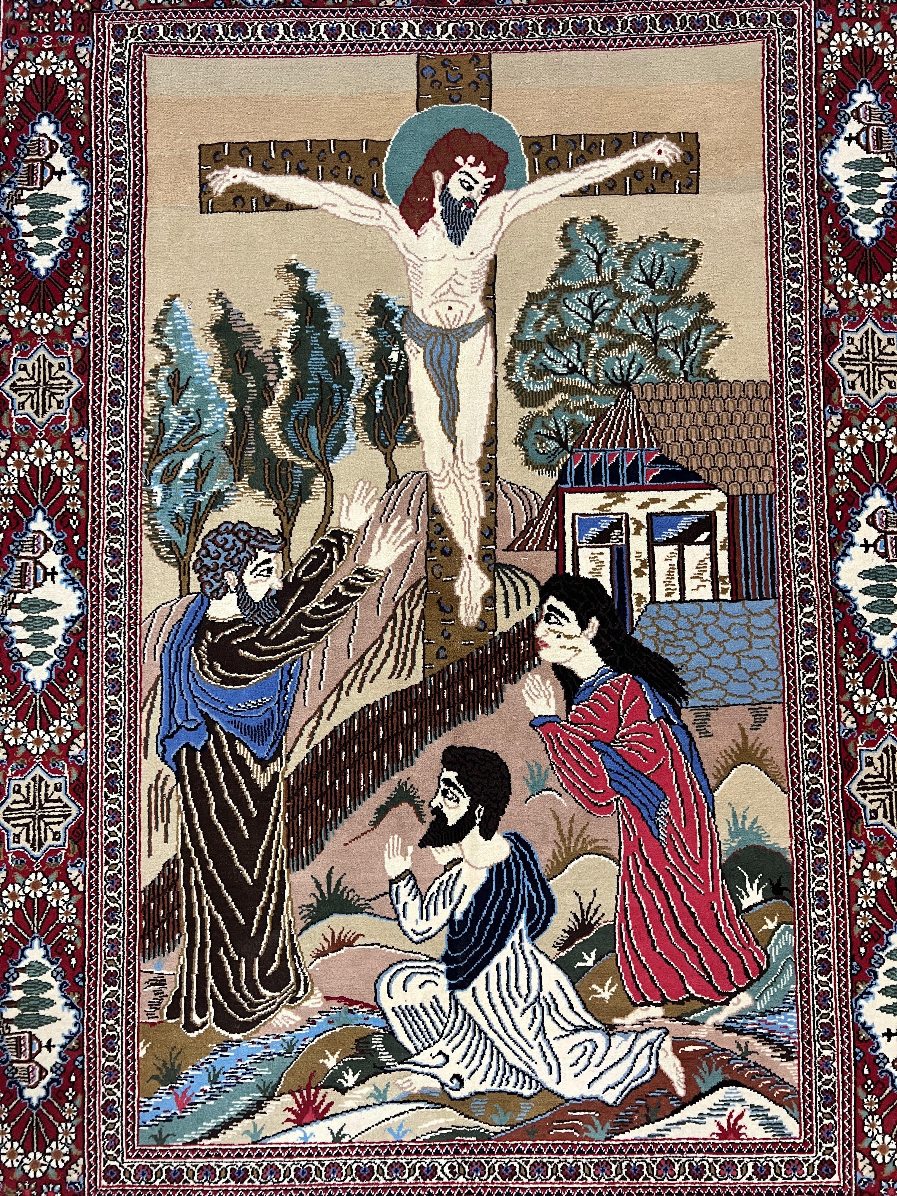 Persian Kashan Pictorial Rug 3x5 - Jesus on Cross - Image 4