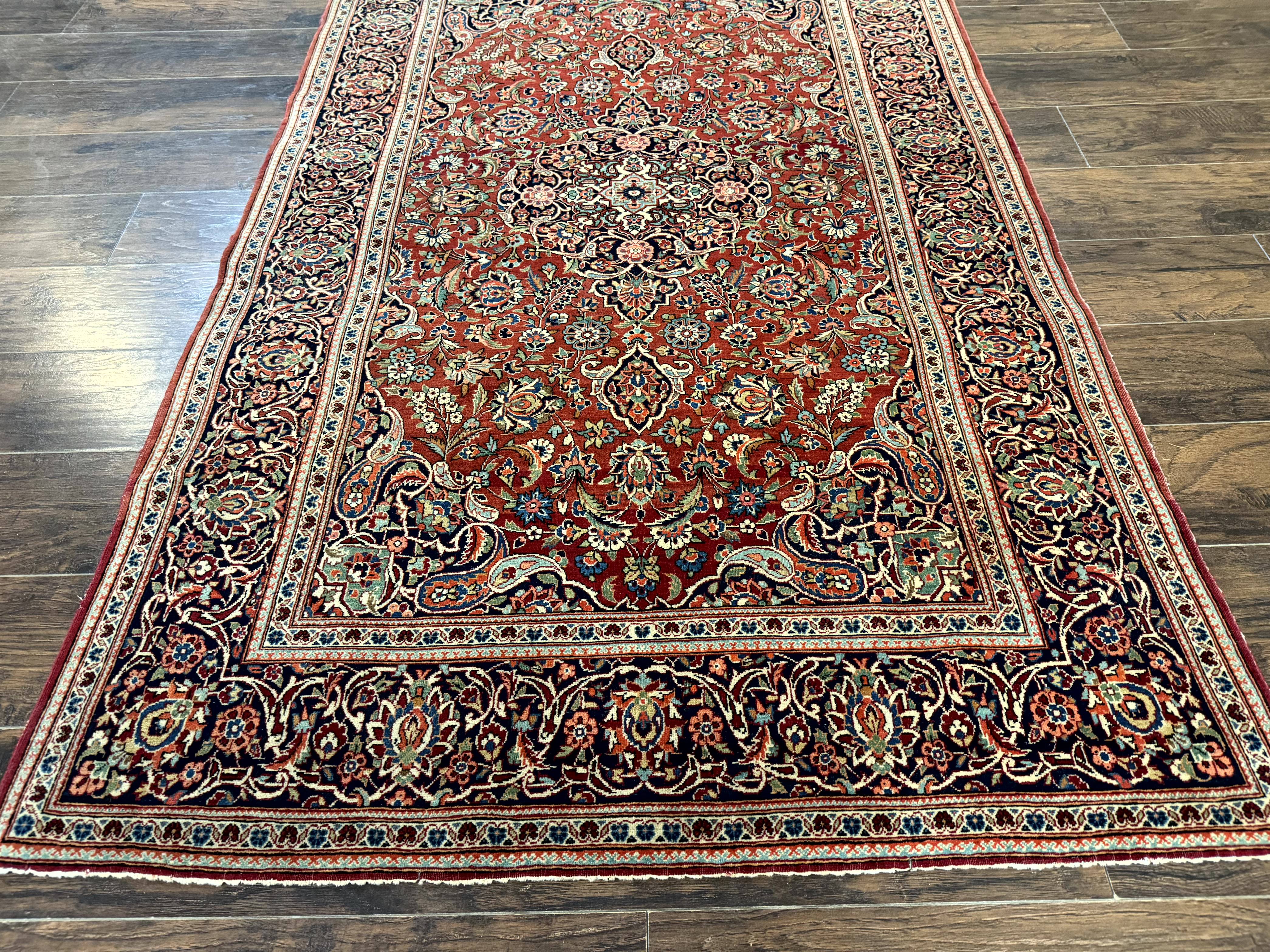 Persian Kashan Rug 4x7, Red and Navy Blue, Floral Antique Carpet - Image 5