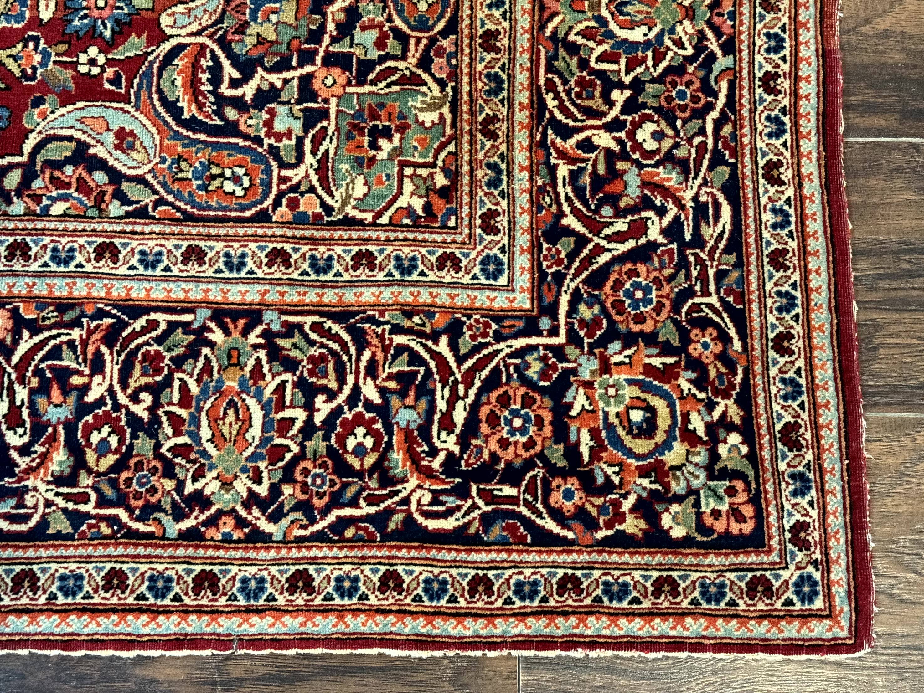 Persian Kashan Rug 4x7, Red and Navy Blue, Floral Antique Carpet - Image 9