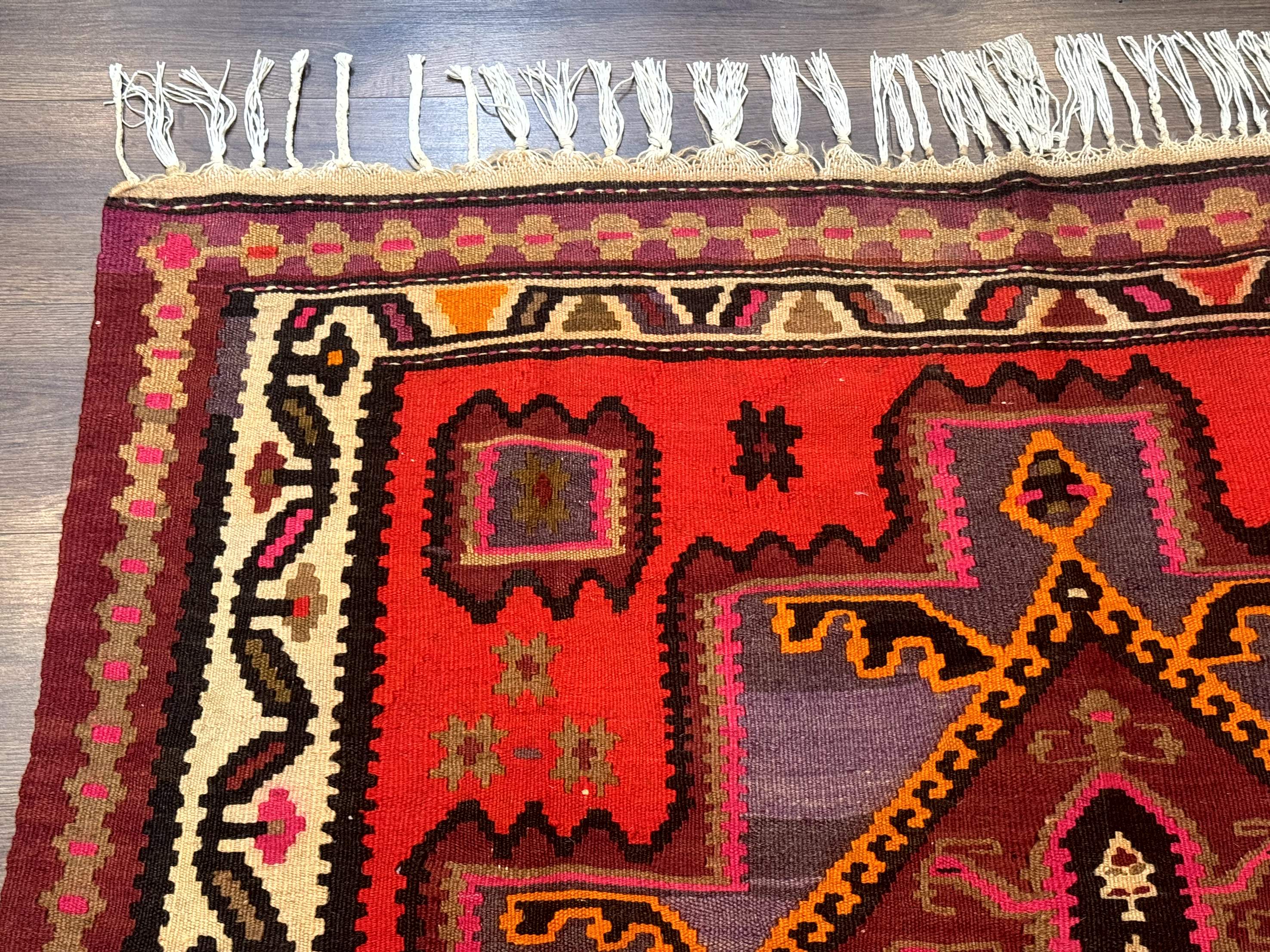 Persian Kurdish Zarand Kilim Rug 5x9, Red, Geometric Medallions, Wide Runner - Image 6