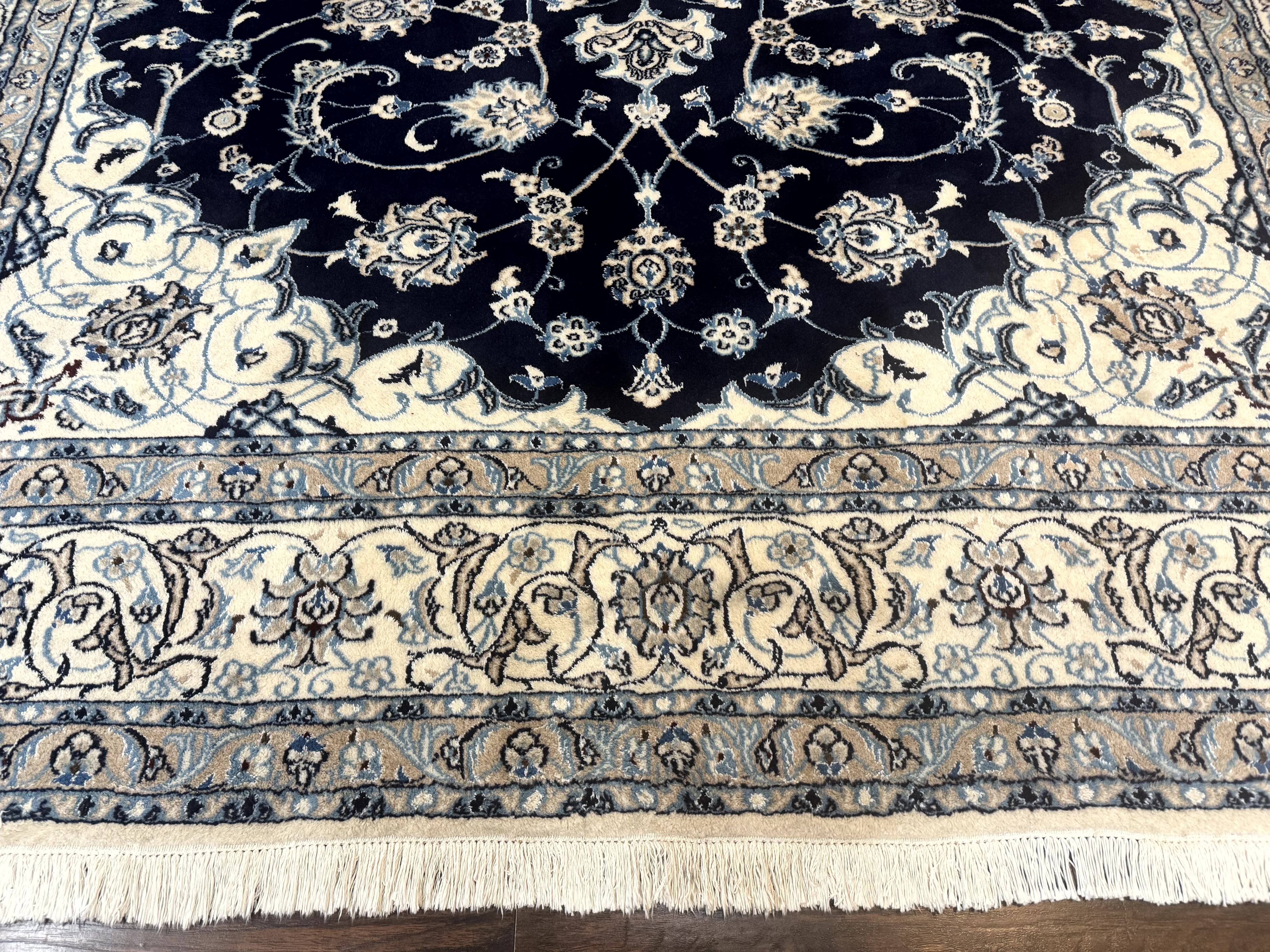 Persian Nain Rug 8x11, Navy Blue and Ivory, Handmade Wool Vintage Carpet, Floral Medallion - Image 5