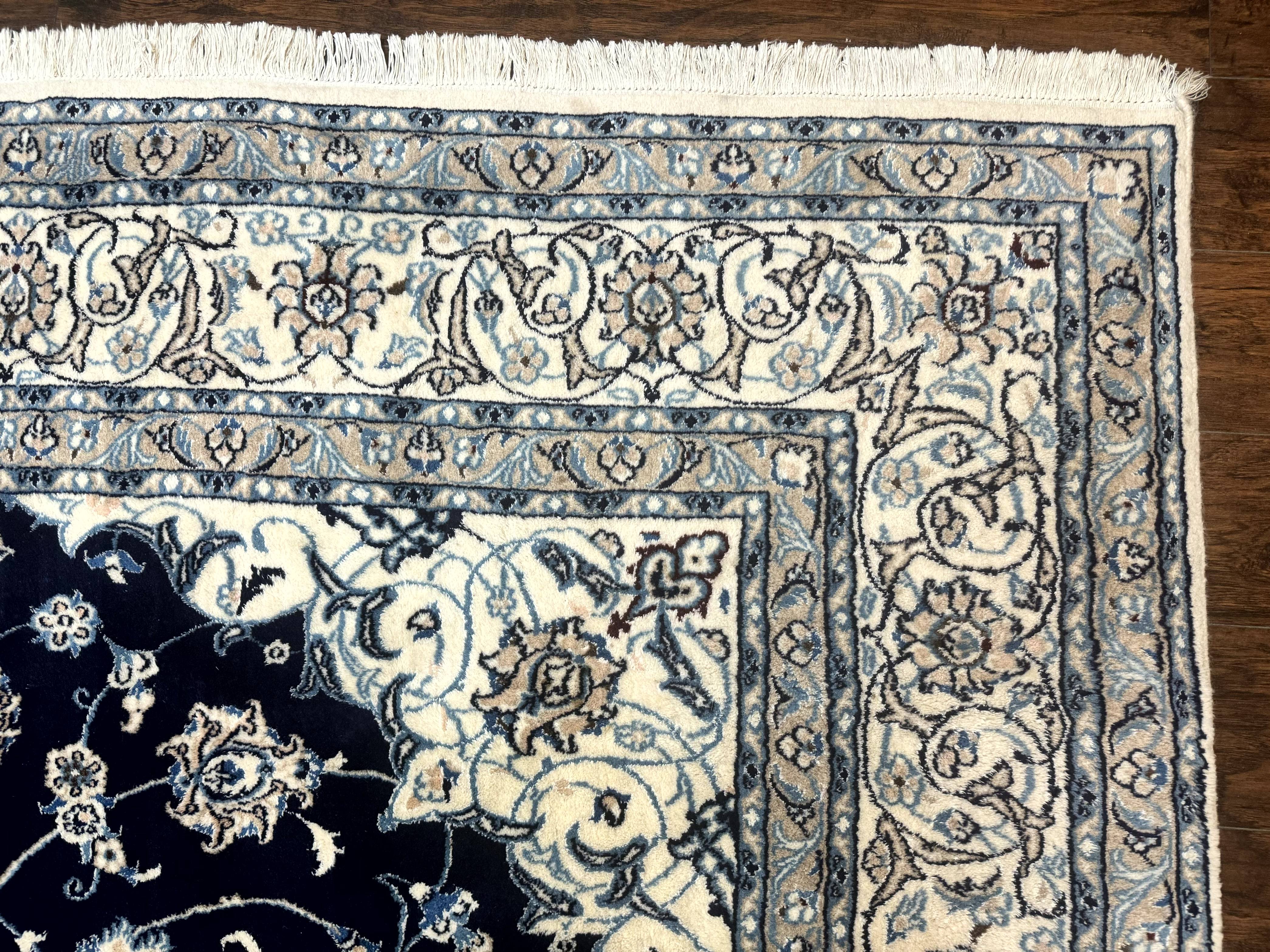 Persian Nain Rug 8x11, Navy Blue and Ivory, Handmade Wool Vintage Carpet, Floral Medallion - Image 7