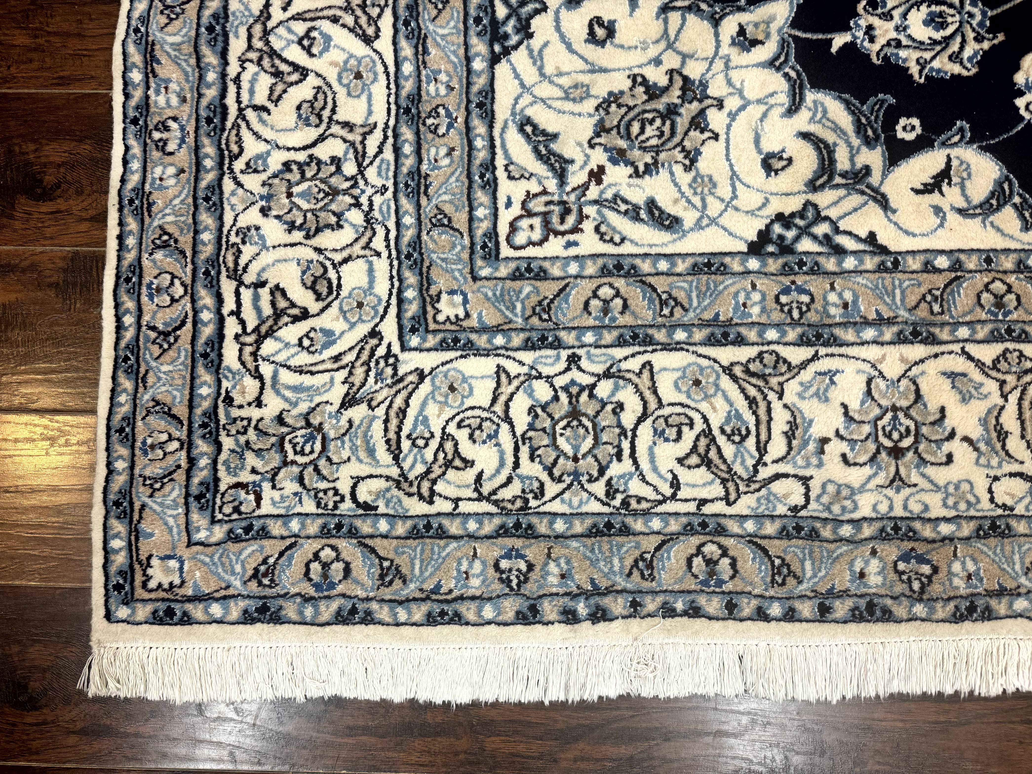 Persian Nain Rug 8x11, Navy Blue and Ivory, Handmade Wool Vintage Carpet, Floral Medallion - Image 8