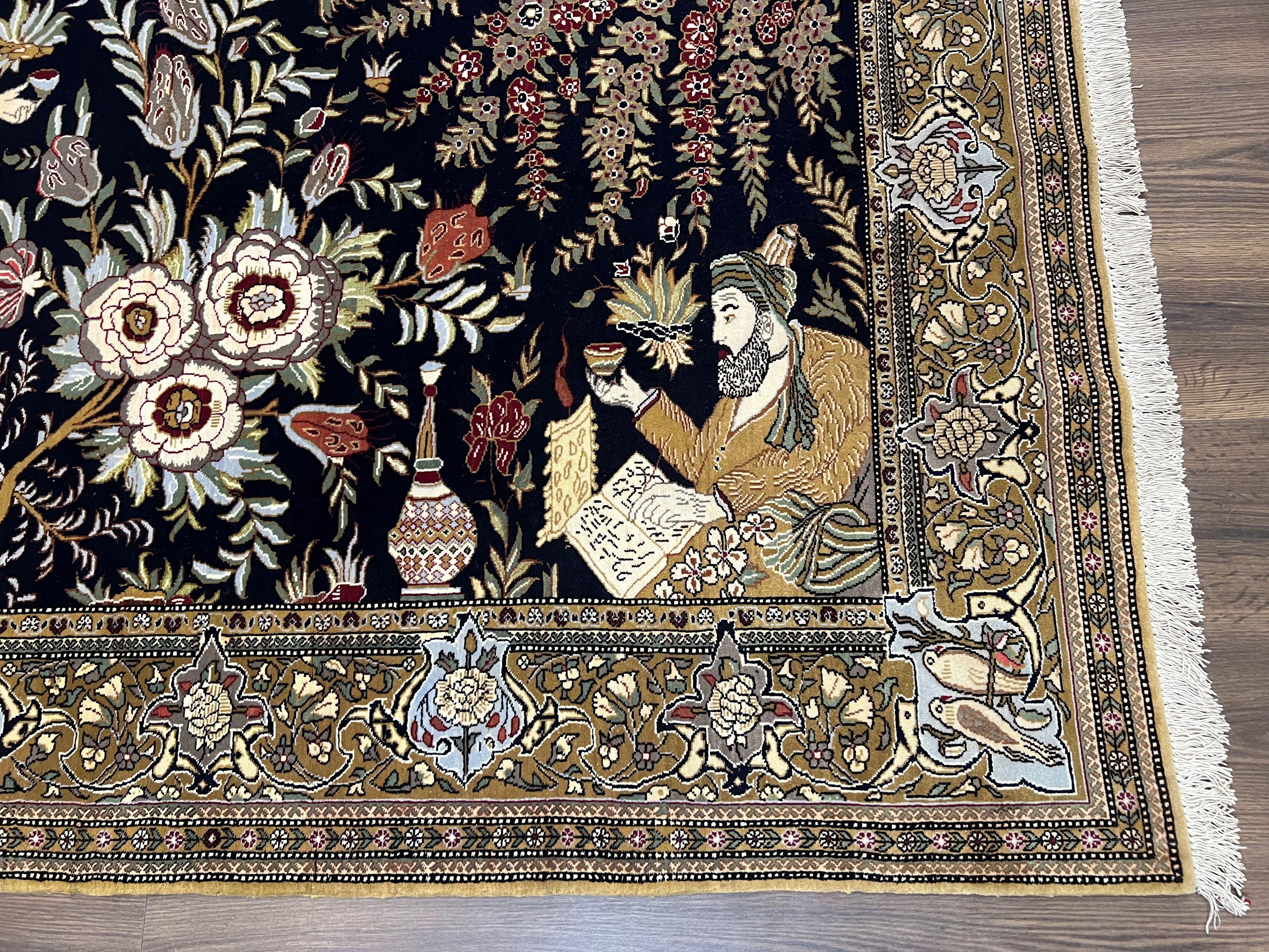 Persian Qum Pictorial Rug 4.8 x 6.5 - Layla & Majnun, Birds - Image 8