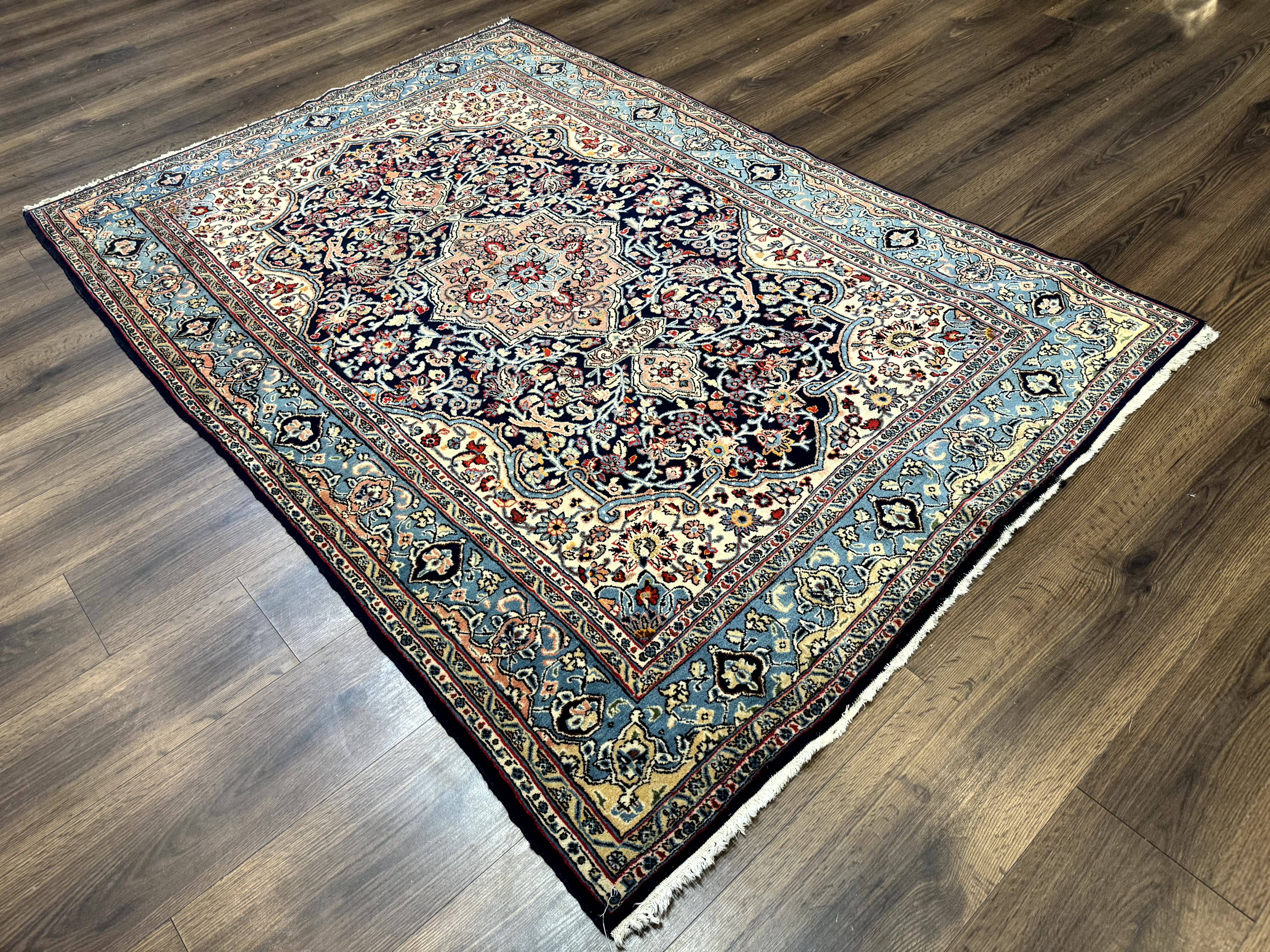 Persian Qum Rug 5x7 in Navy Light Blue and Ivory, Wool wilh Silk Highlights, 225 KPSI - Image 12
