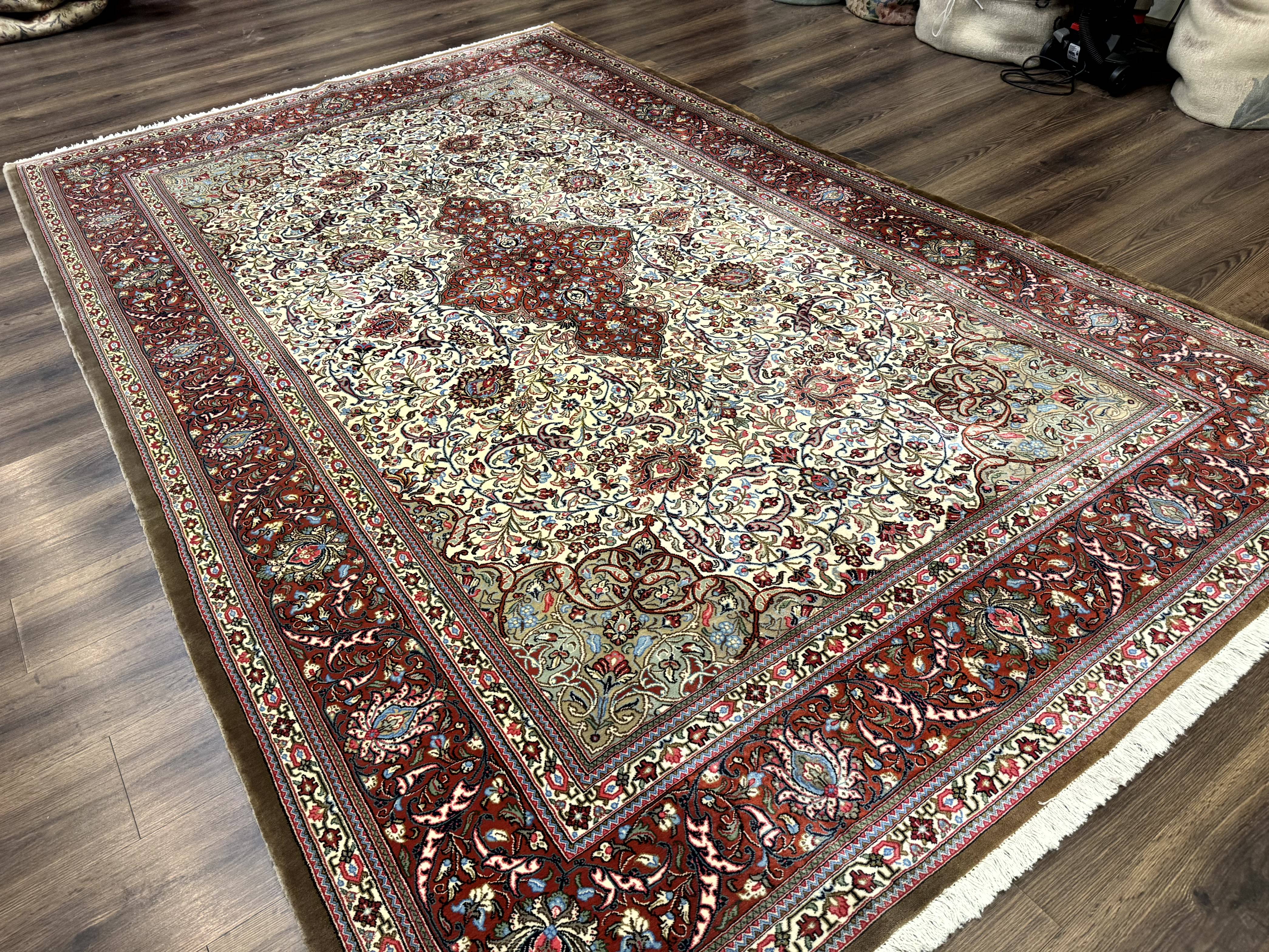 Persian Qum Rug 7x11, Beige and Red, Highly Detailed Floral Pattern, Fine 260 KPSI - Image 12